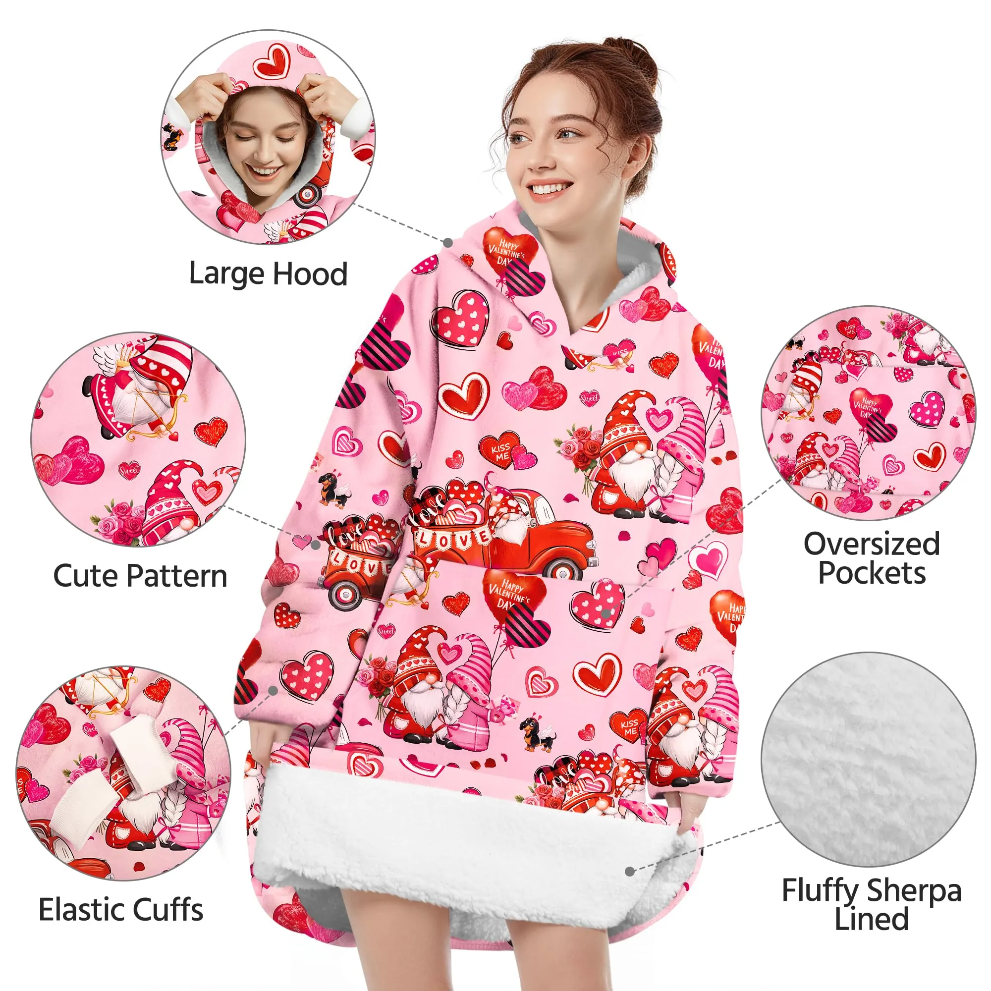 Queenshin Felpa Coperta con Cappuccio e Maniche Donna Oversize Rosa con Stampa Gnomi di San Valentino - immagine 4