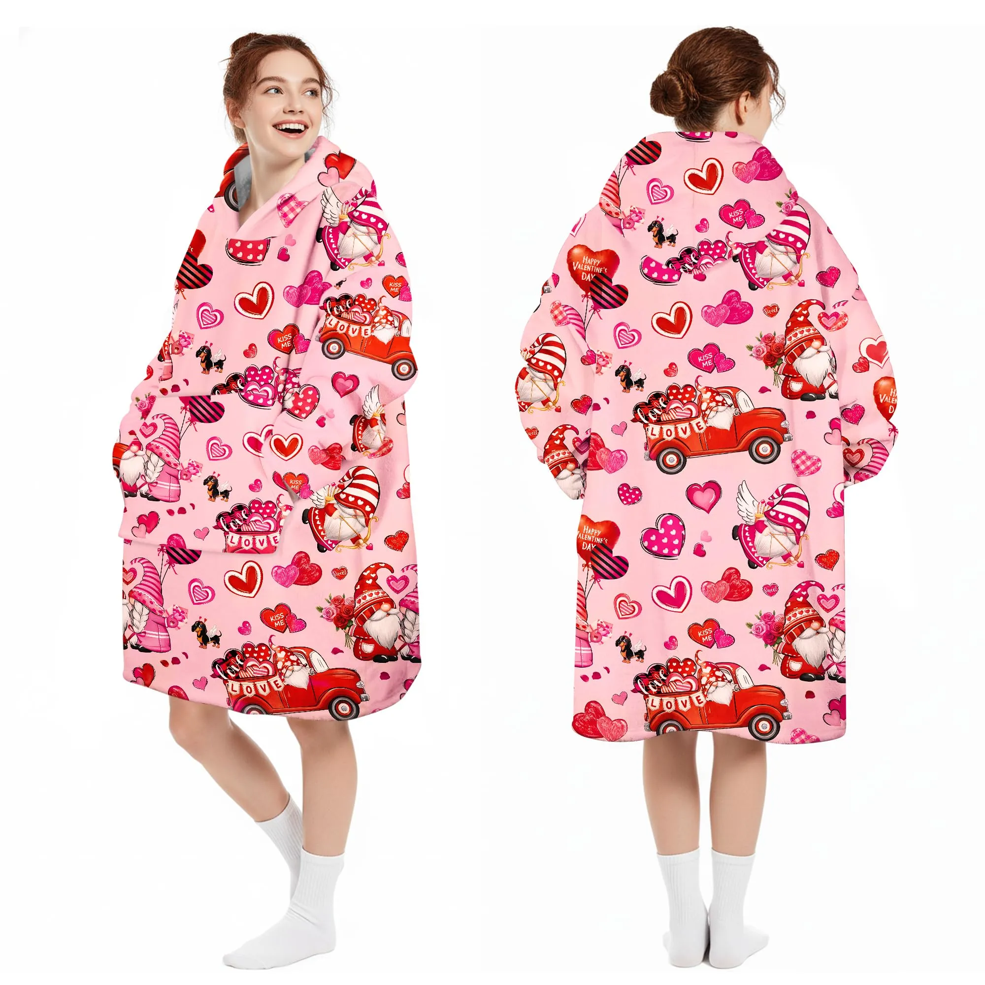 Queenshin Felpa Coperta con Cappuccio e Maniche Donna Oversize Rosa con Stampa Gnomi di San Valentino - immagine 5