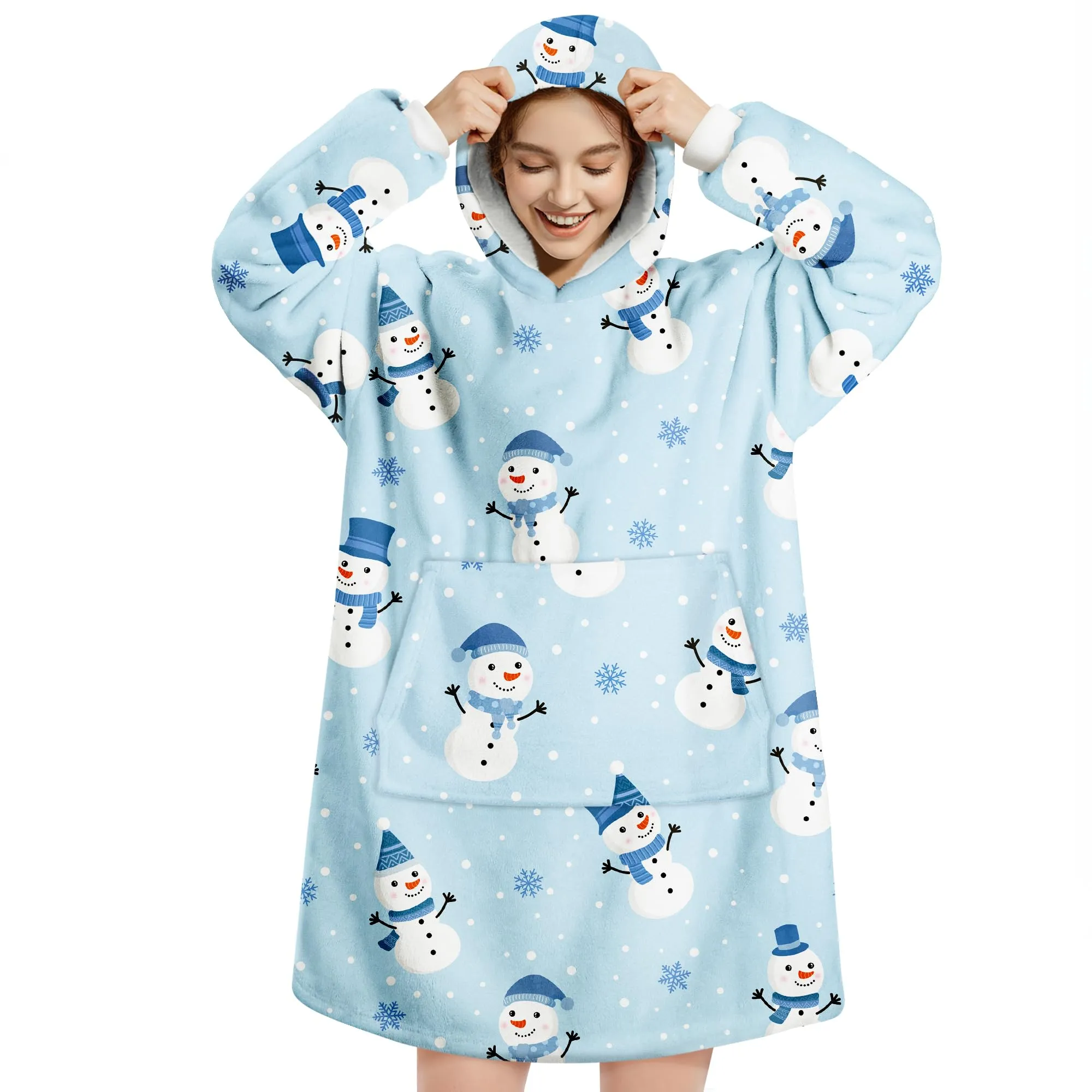 Queenshin Felpa Coperta con Cappuccio e Maniche Blu Oversize Hoodie - Pupazzo di Neve - immagine 1