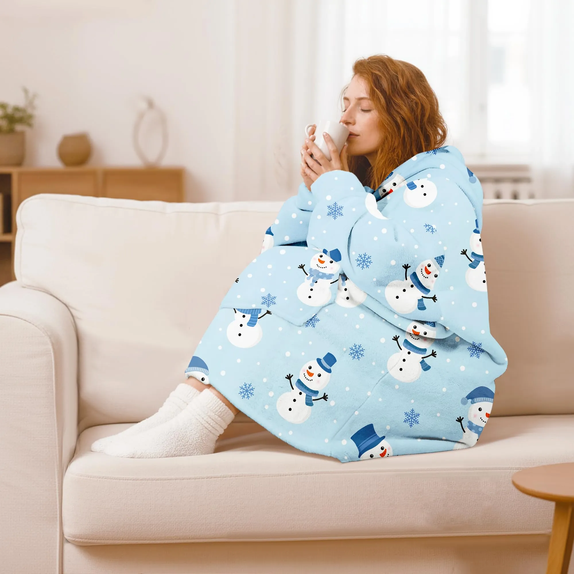 Queenshin Felpa Coperta con Cappuccio e Maniche Blu Oversize Hoodie - Pupazzo di Neve - immagine 2