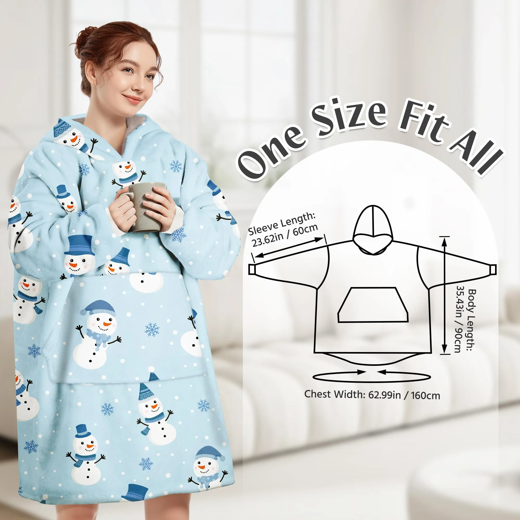 Queenshin Felpa Coperta con Cappuccio e Maniche Blu Oversize Hoodie - Pupazzo di Neve - immagine 3