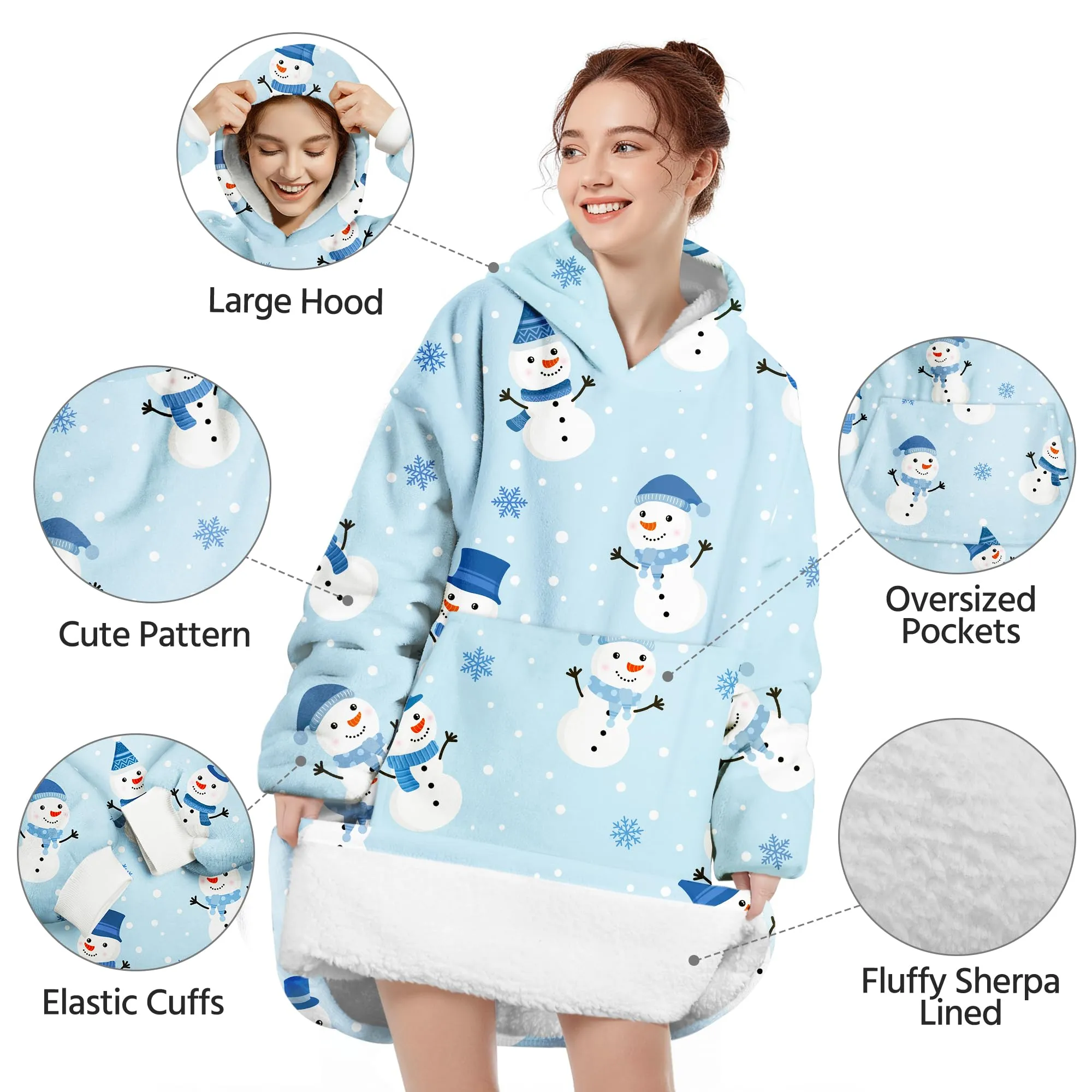 Queenshin Felpa Coperta con Cappuccio e Maniche Blu Oversize Hoodie - Pupazzo di Neve - immagine 4