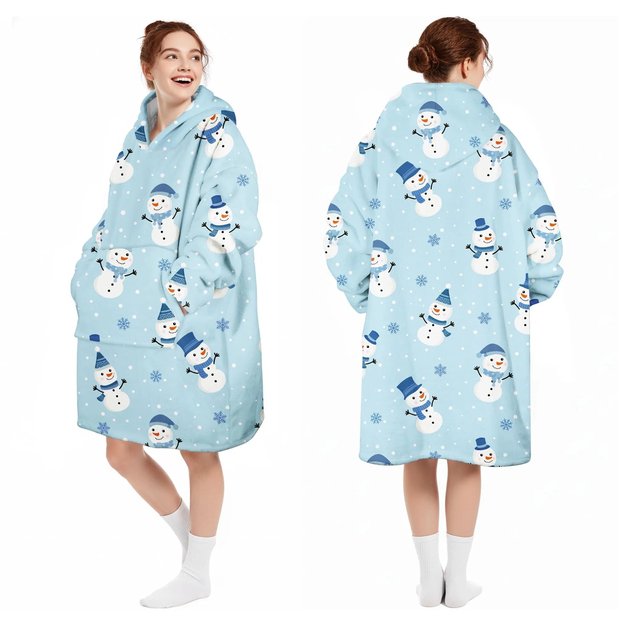 Queenshin Felpa Coperta con Cappuccio e Maniche Blu Oversize Hoodie - Pupazzo di Neve - immagine 5