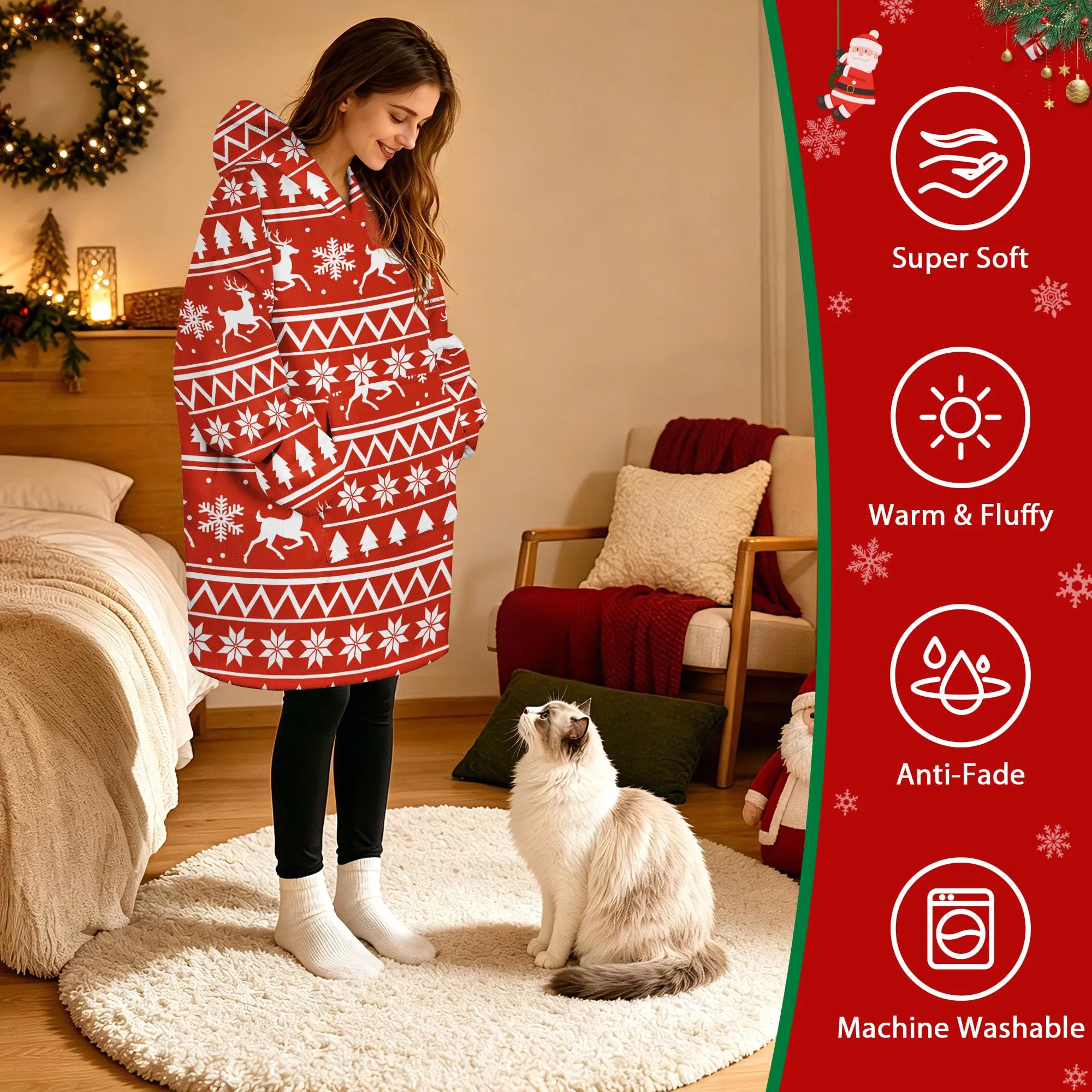 Queenshin Felpa Coperta con Cappuccio Oversize Renna Natale - Taglia Unica - immagine 2