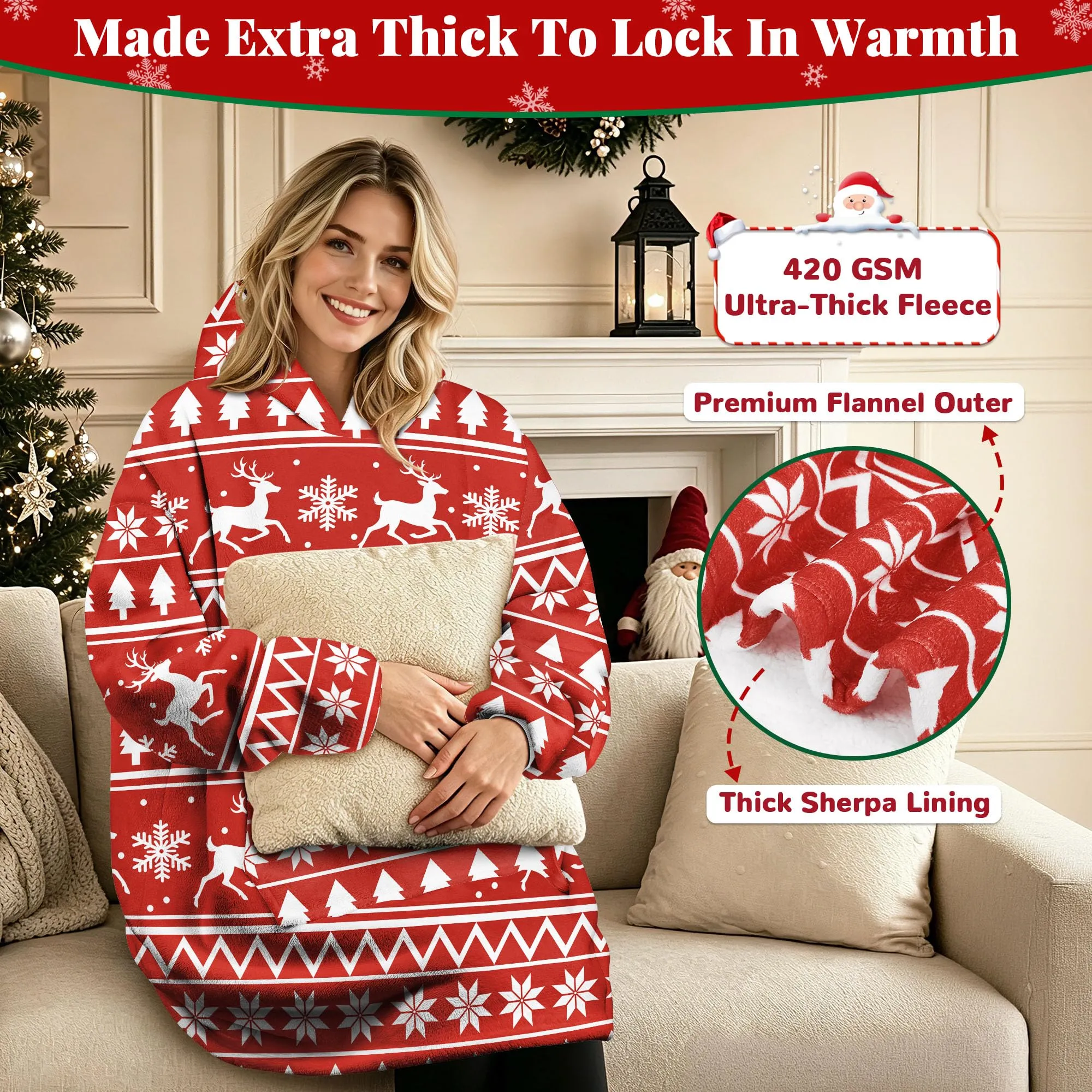 Queenshin Felpa Coperta con Cappuccio Oversize Renna Natale - Taglia Unica - immagine 3