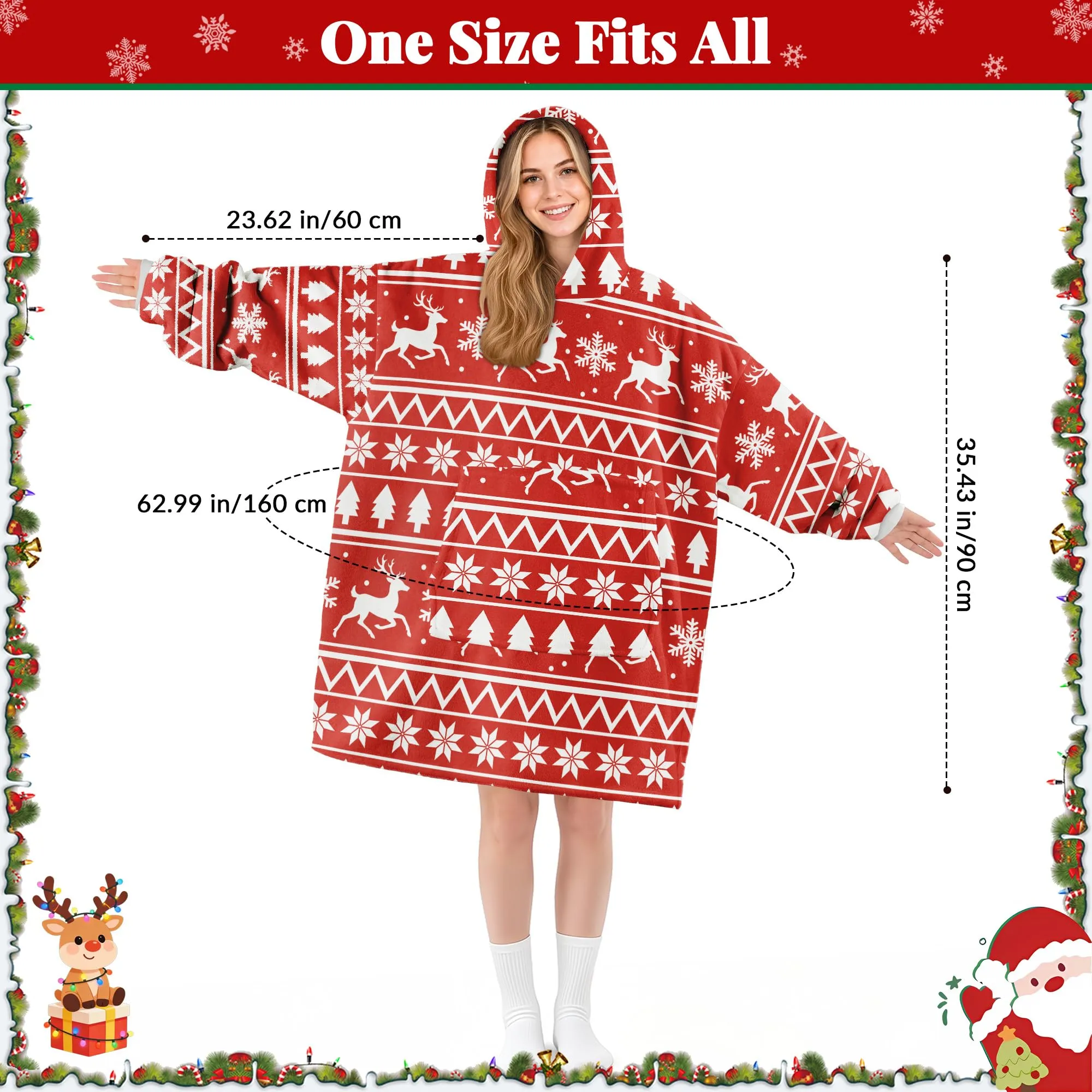 Queenshin Felpa Coperta con Cappuccio Oversize Renna Natale - Taglia Unica - immagine 4