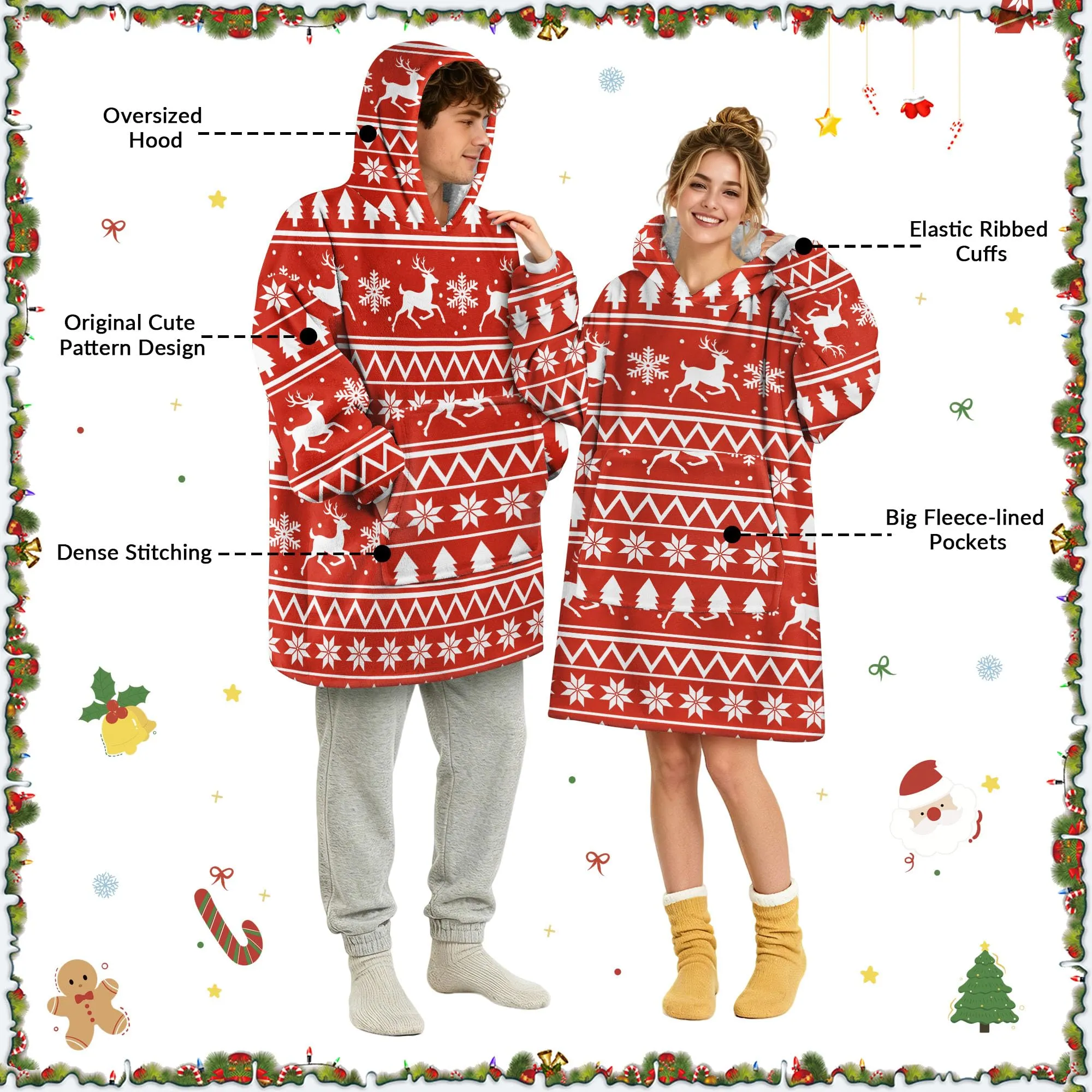 Queenshin Felpa Coperta con Cappuccio Oversize Renna Natale - Taglia Unica - immagine 5
