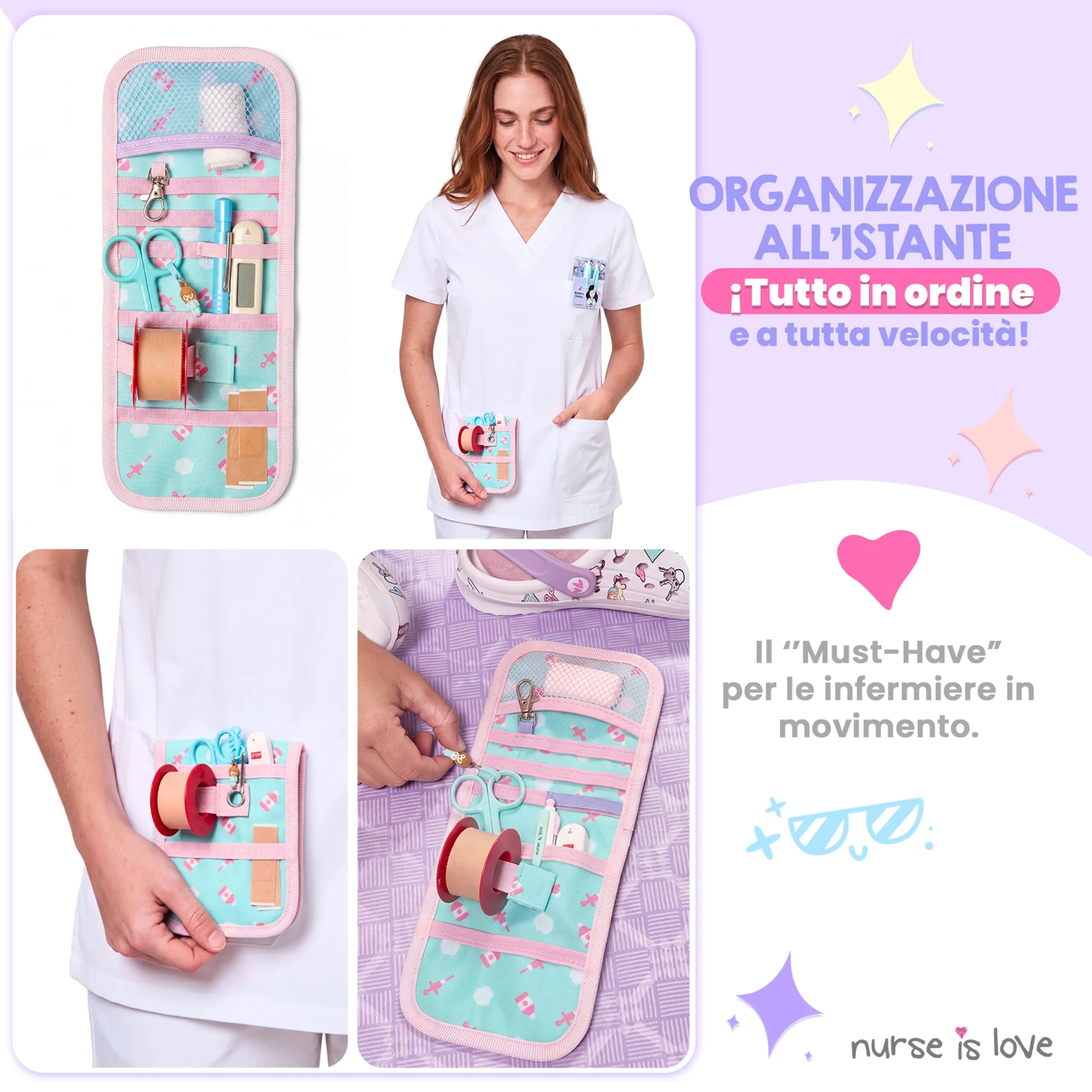 Nurse is Love Organizer da taschino magnetico per divisa sanitaria - Turchese Nuvole - immagine 2