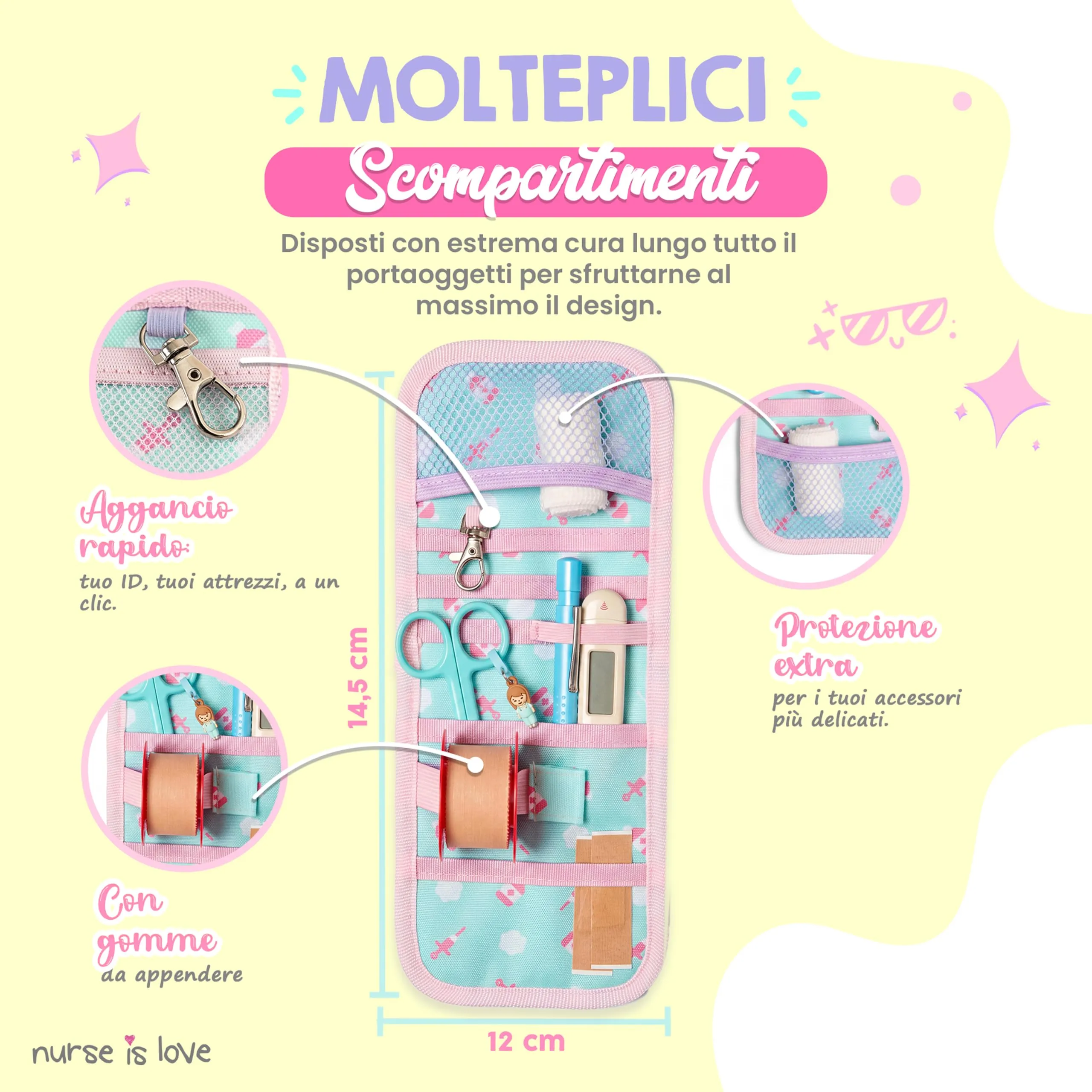 Nurse is Love Organizer da taschino magnetico per divisa sanitaria - Turchese Nuvole - immagine 3