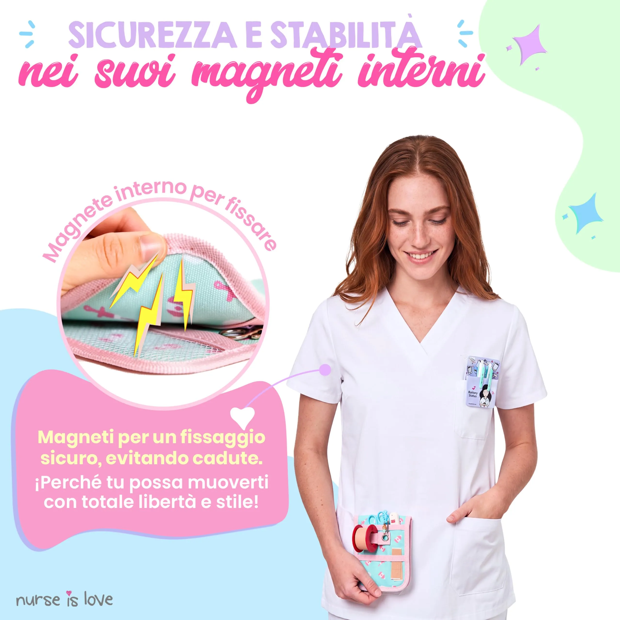 Nurse is Love Organizer da taschino magnetico per divisa sanitaria - Turchese Nuvole - immagine 4