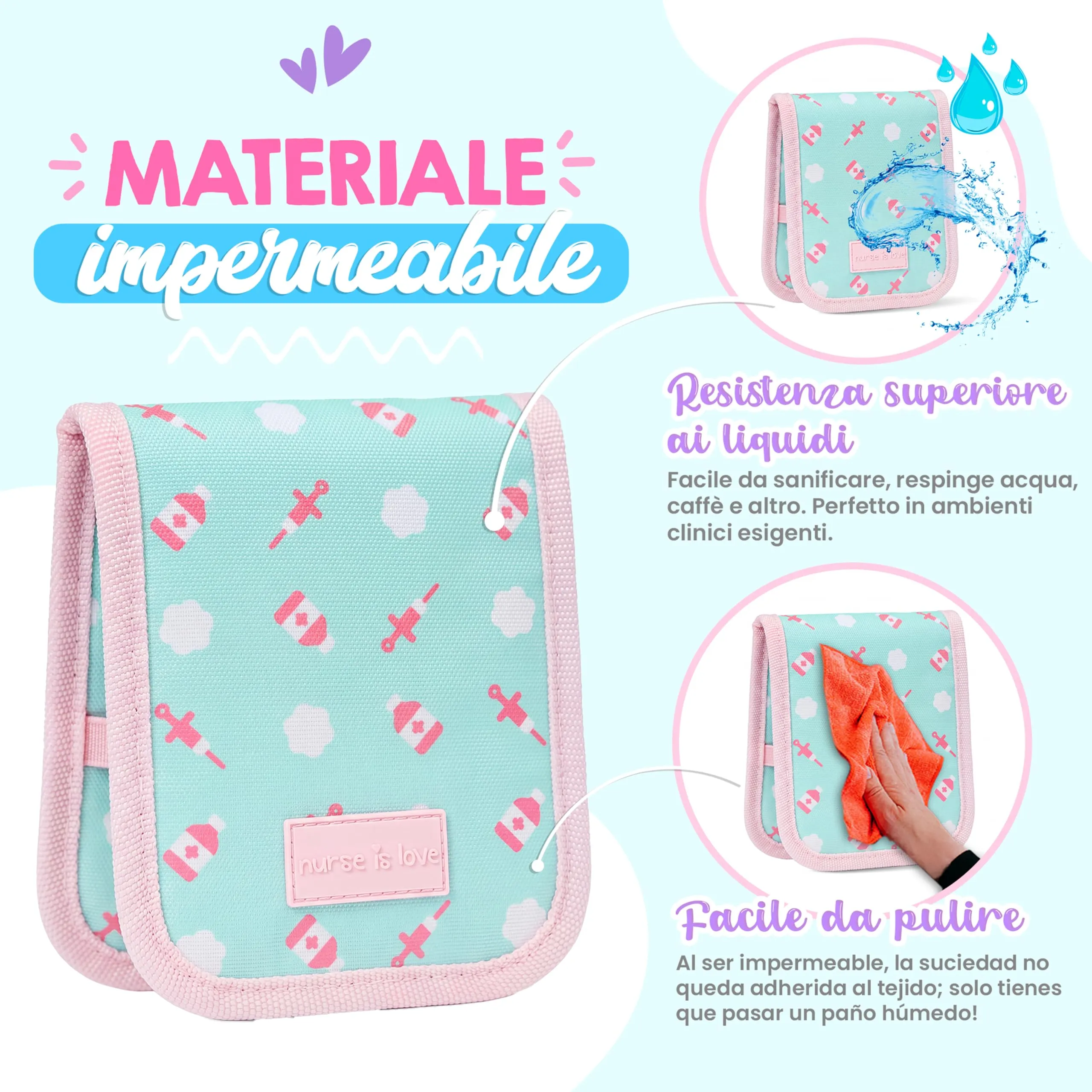Nurse is Love Organizer da taschino magnetico per divisa sanitaria - Turchese Nuvole - immagine 5