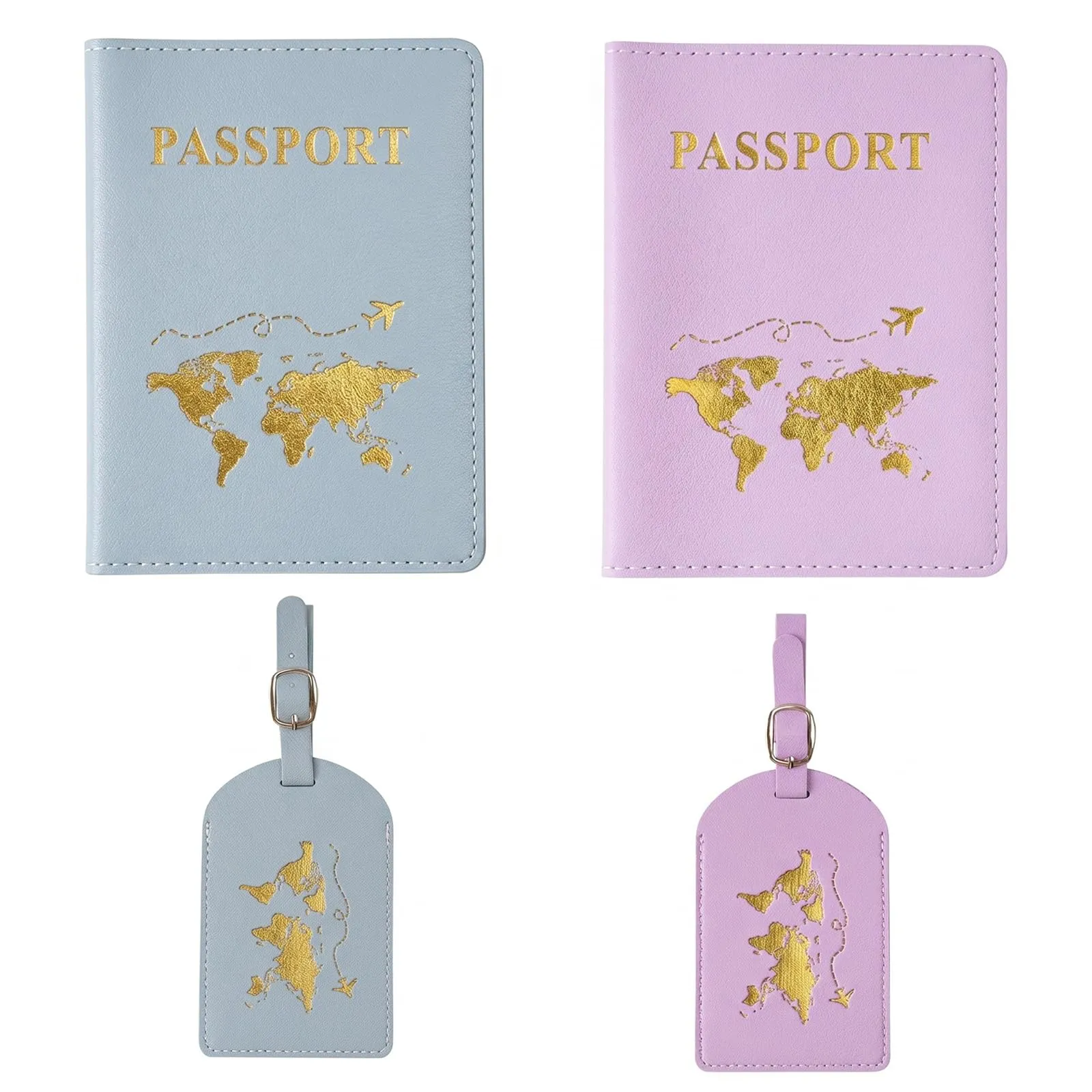 OIXEYA Porta Passaporto e Etichette Valigia (Set da 4), Custodia in PVC con Mappa del Mondo per Passaporto Italiano e Carte, Viola e Azzurro - immagine 1