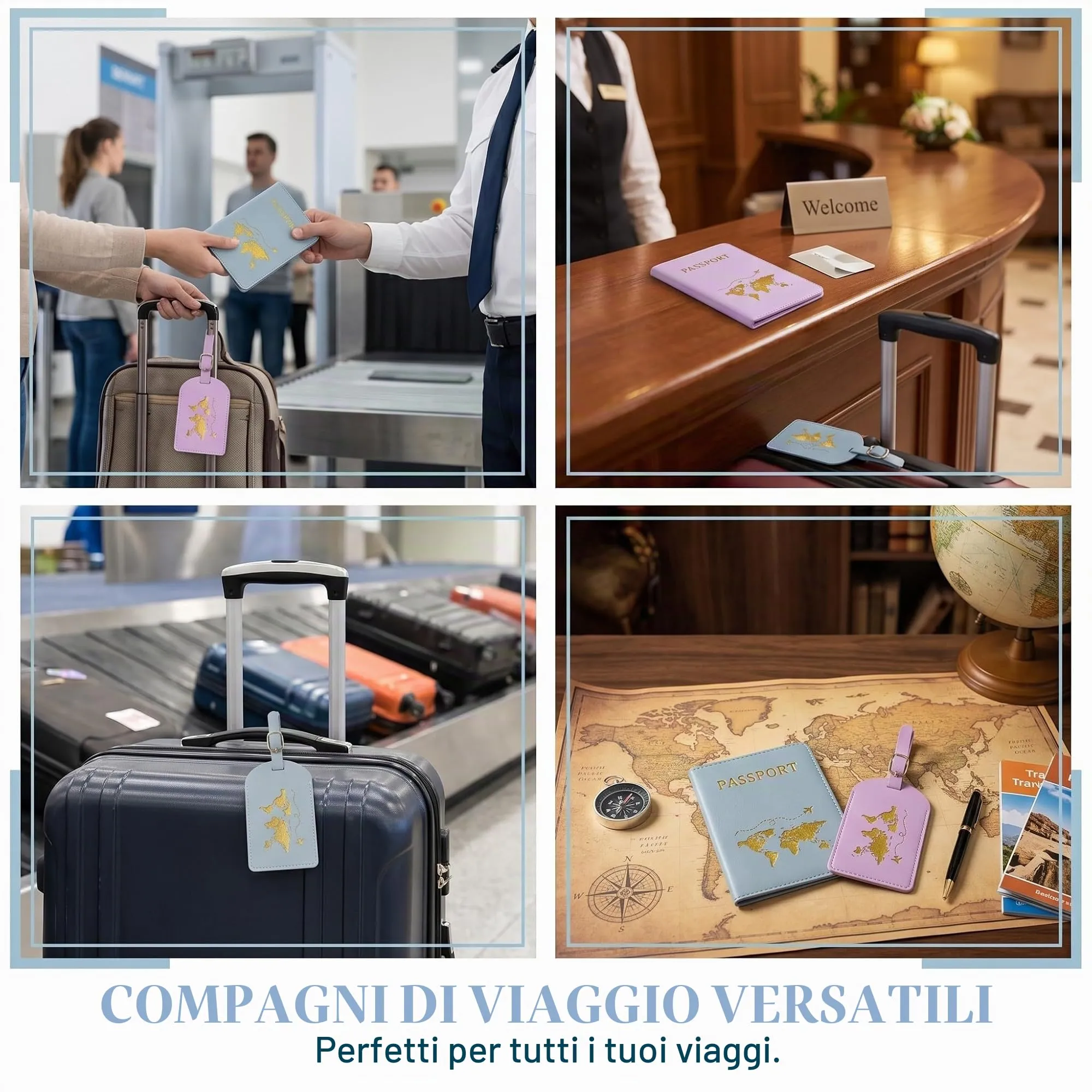 OIXEYA Porta Passaporto e Etichette Valigia (Set da 4), Custodia in PVC con Mappa del Mondo per Passaporto Italiano e Carte, Viola e Azzurro - immagine 4