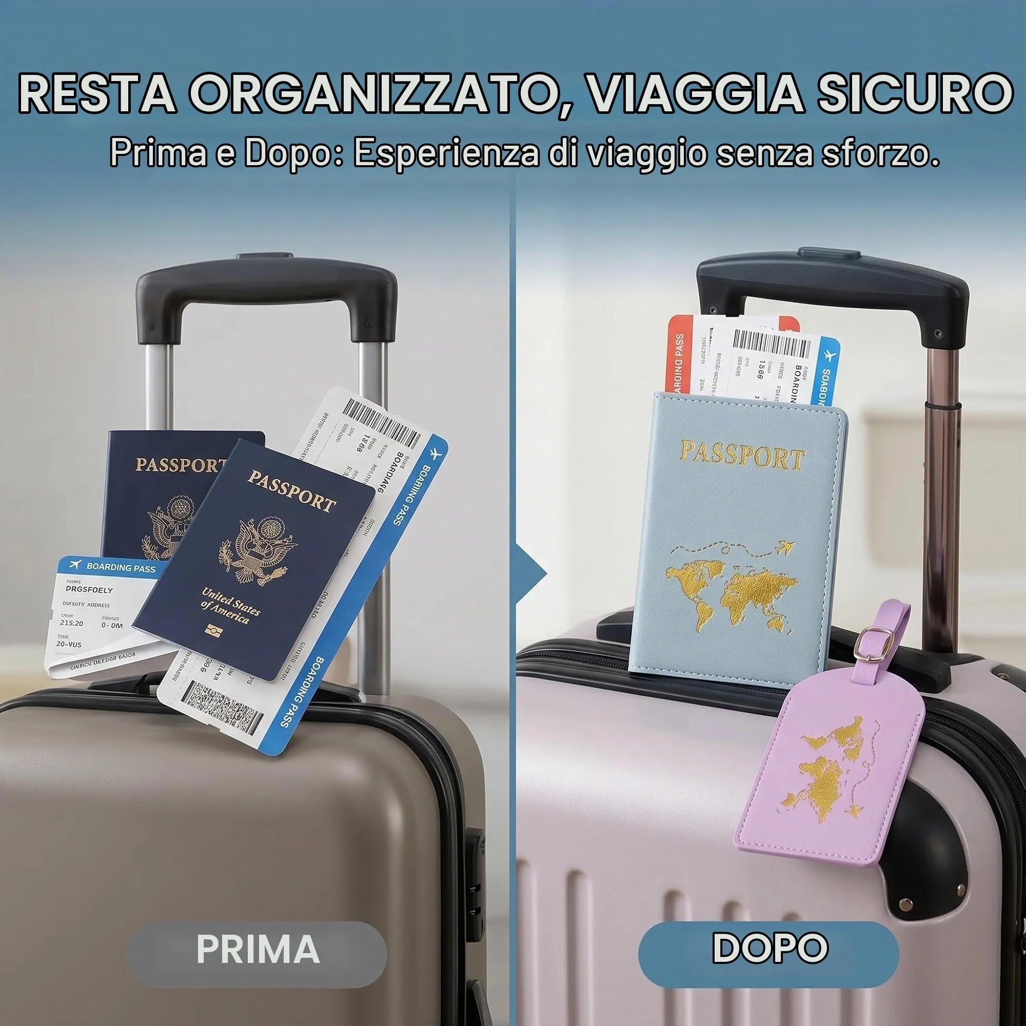 OIXEYA Porta Passaporto e Etichette Valigia (Set da 4), Custodia in PVC con Mappa del Mondo per Passaporto Italiano e Carte, Viola e Azzurro - immagine 5