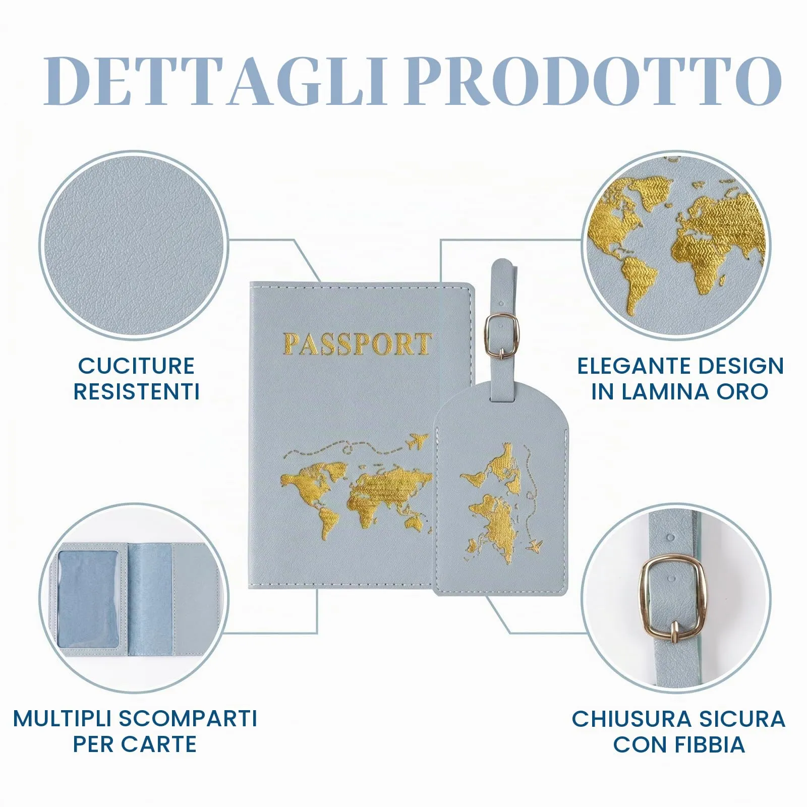 OIXEYA Porta Passaporto e Etichette Valigia (Set da 4), Custodia in PVC con Mappa del Mondo per Passaporto Italiano e Carte, Viola e Azzurro - immagine 6