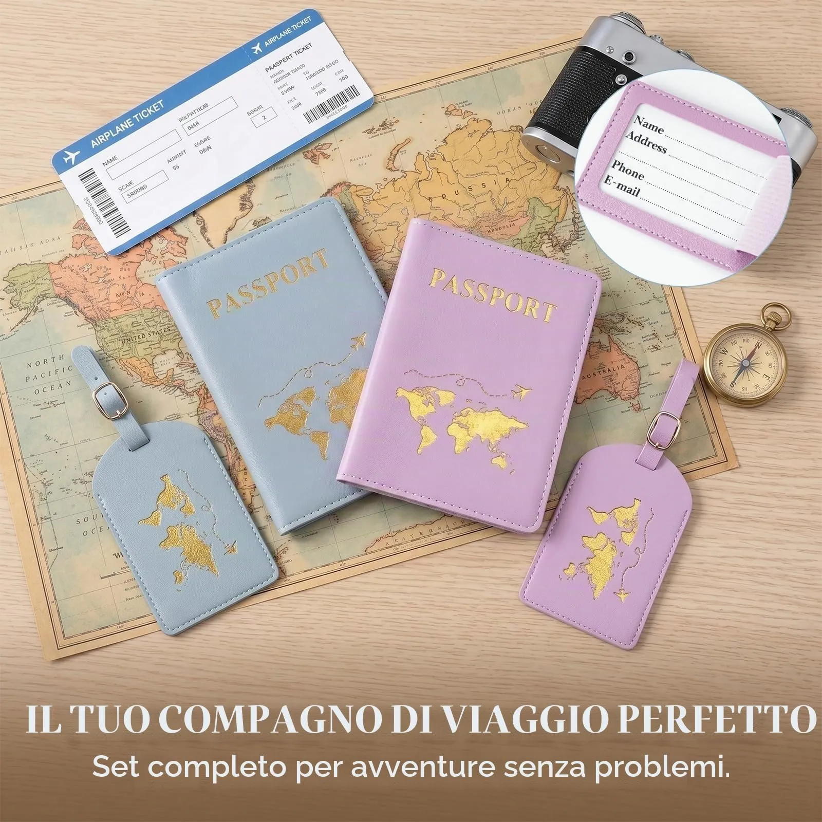 OIXEYA Porta Passaporto e Etichette Valigia (Set da 4), Custodia in PVC con Mappa del Mondo per Passaporto Italiano e Carte, Viola e Azzurro - immagine 7