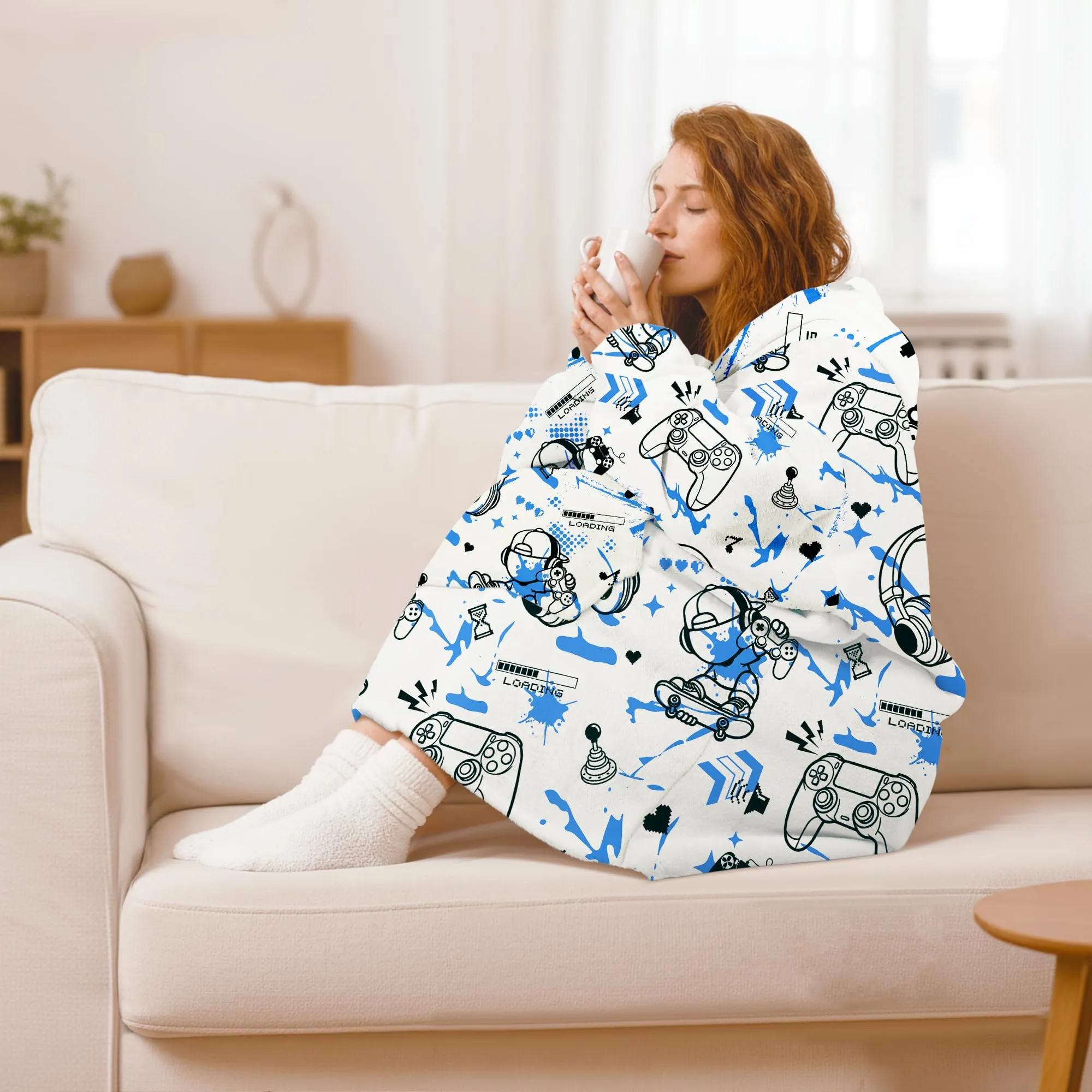 Queenshin Felpa Coperta con Cappuccio e Maniche Uomo Gioco Blu Oversize Hoodie - immagine 2