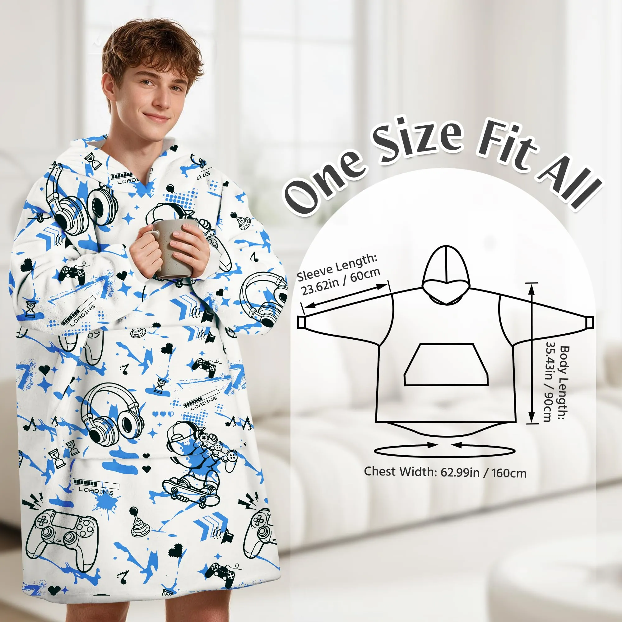 Queenshin Felpa Coperta con Cappuccio e Maniche Uomo Gioco Blu Oversize Hoodie - immagine 3