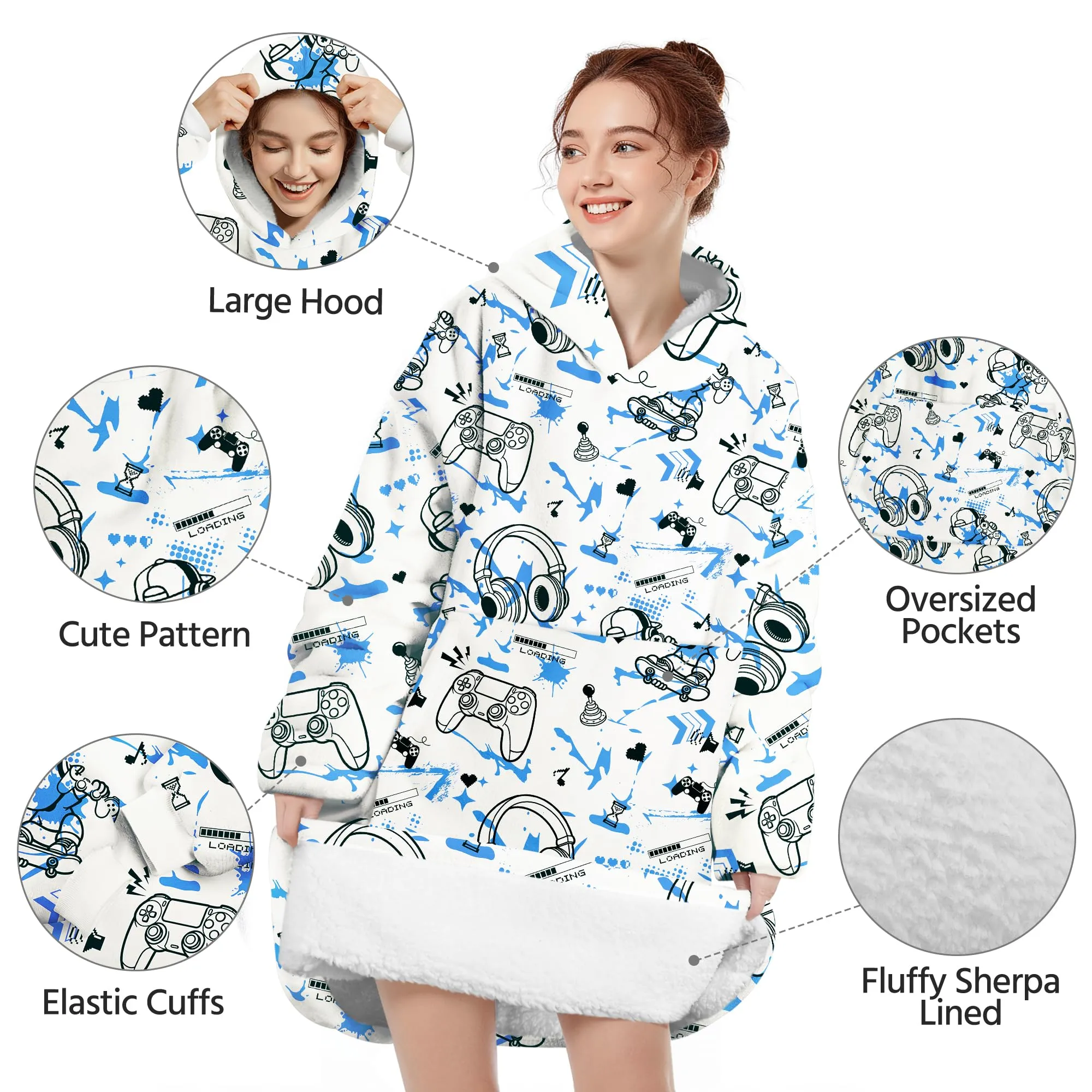 Queenshin Felpa Coperta con Cappuccio e Maniche Uomo Gioco Blu Oversize Hoodie - immagine 4