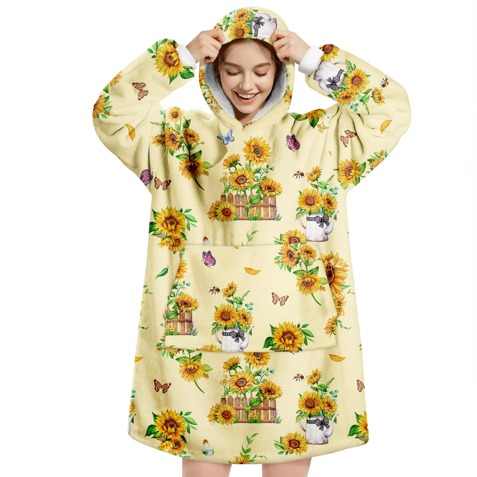 Queenshin Felpa Coperta con Cappuccio Oversize Stampa Girasole per Donna - immagine 1