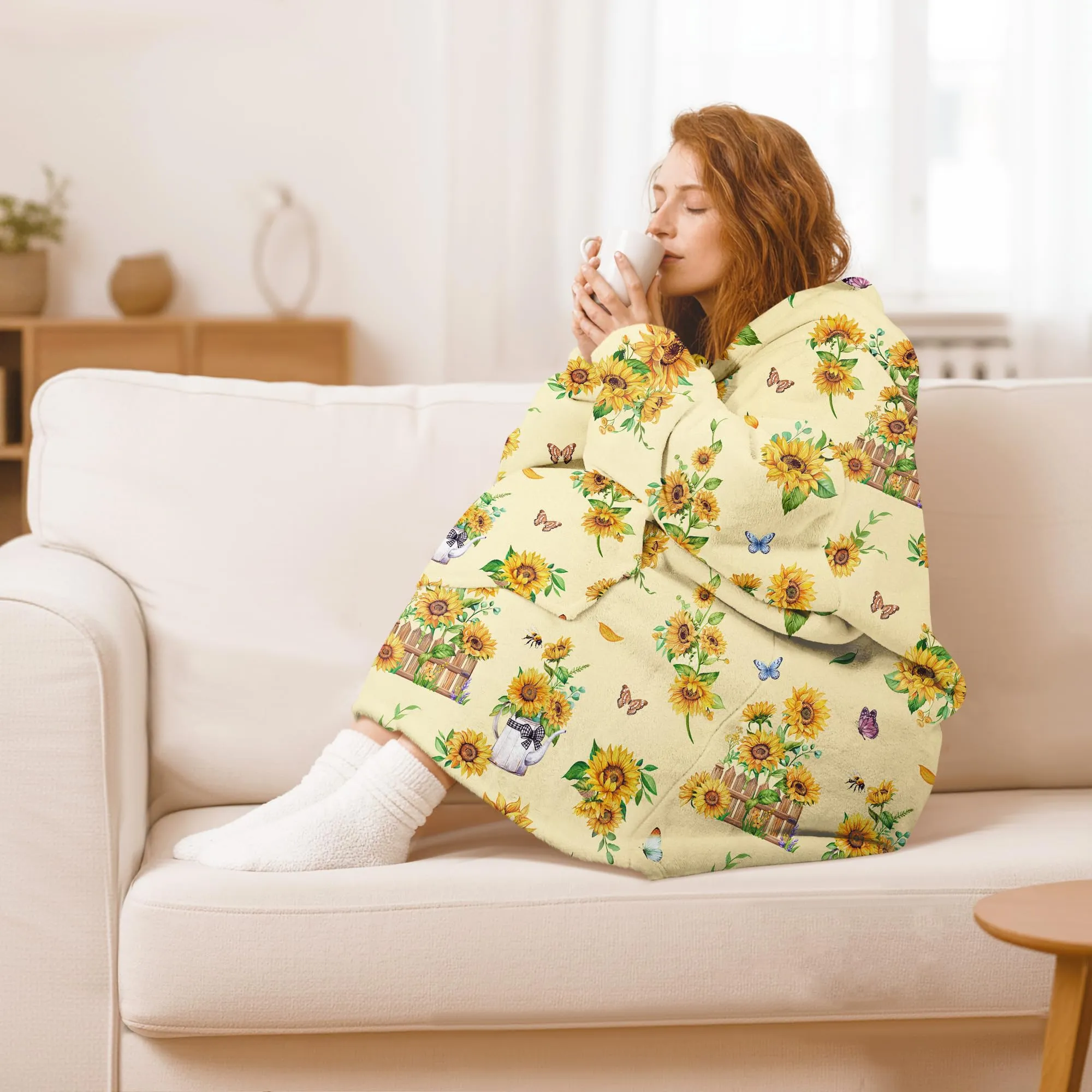 Queenshin Felpa Coperta con Cappuccio Oversize Stampa Girasole per Donna - immagine 2