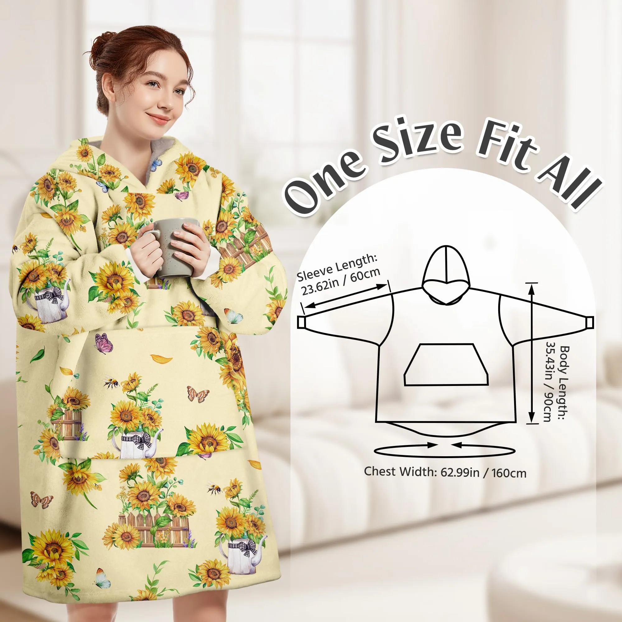 Queenshin Felpa Coperta con Cappuccio Oversize Stampa Girasole per Donna - immagine 3