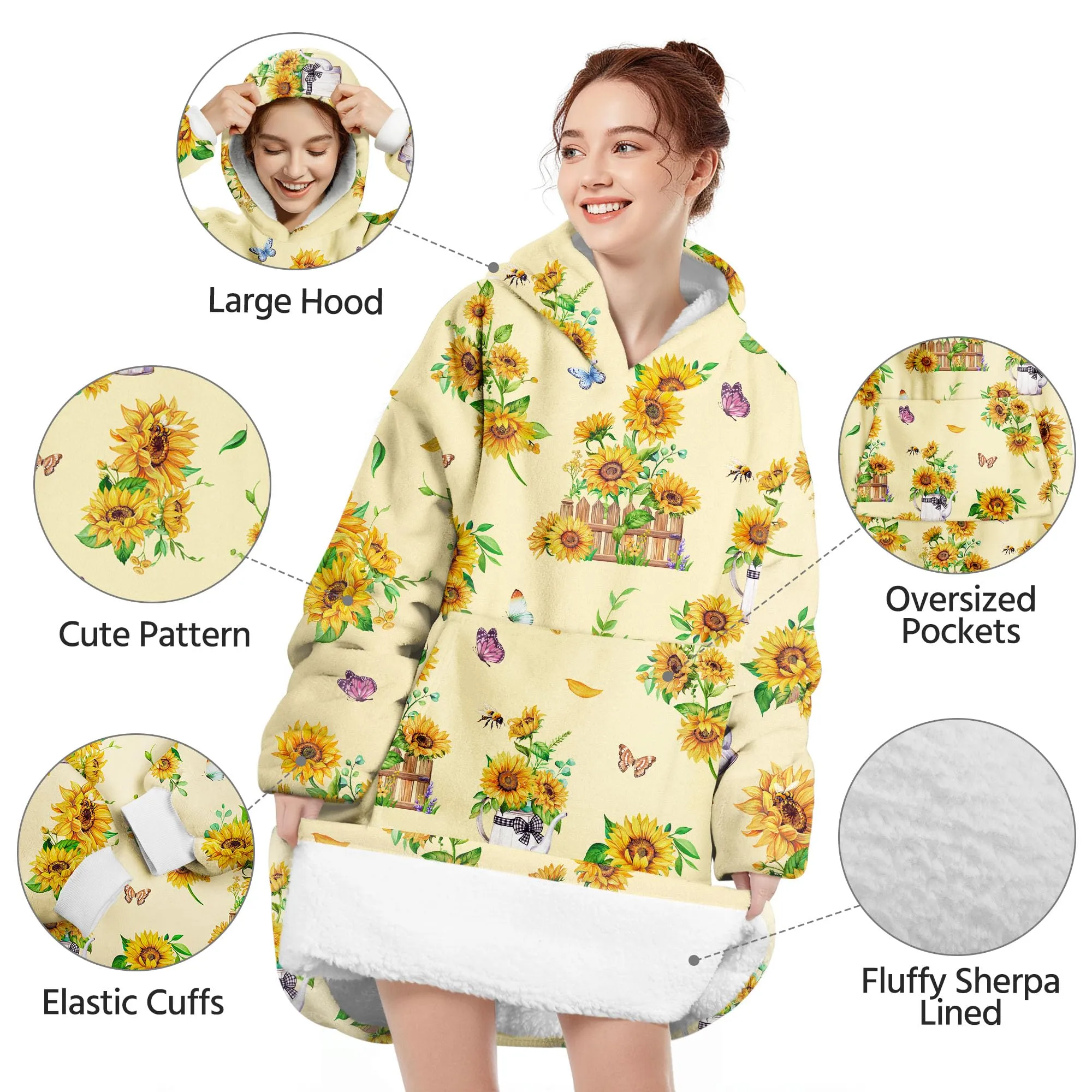 Queenshin Felpa Coperta con Cappuccio Oversize Stampa Girasole per Donna - immagine 4