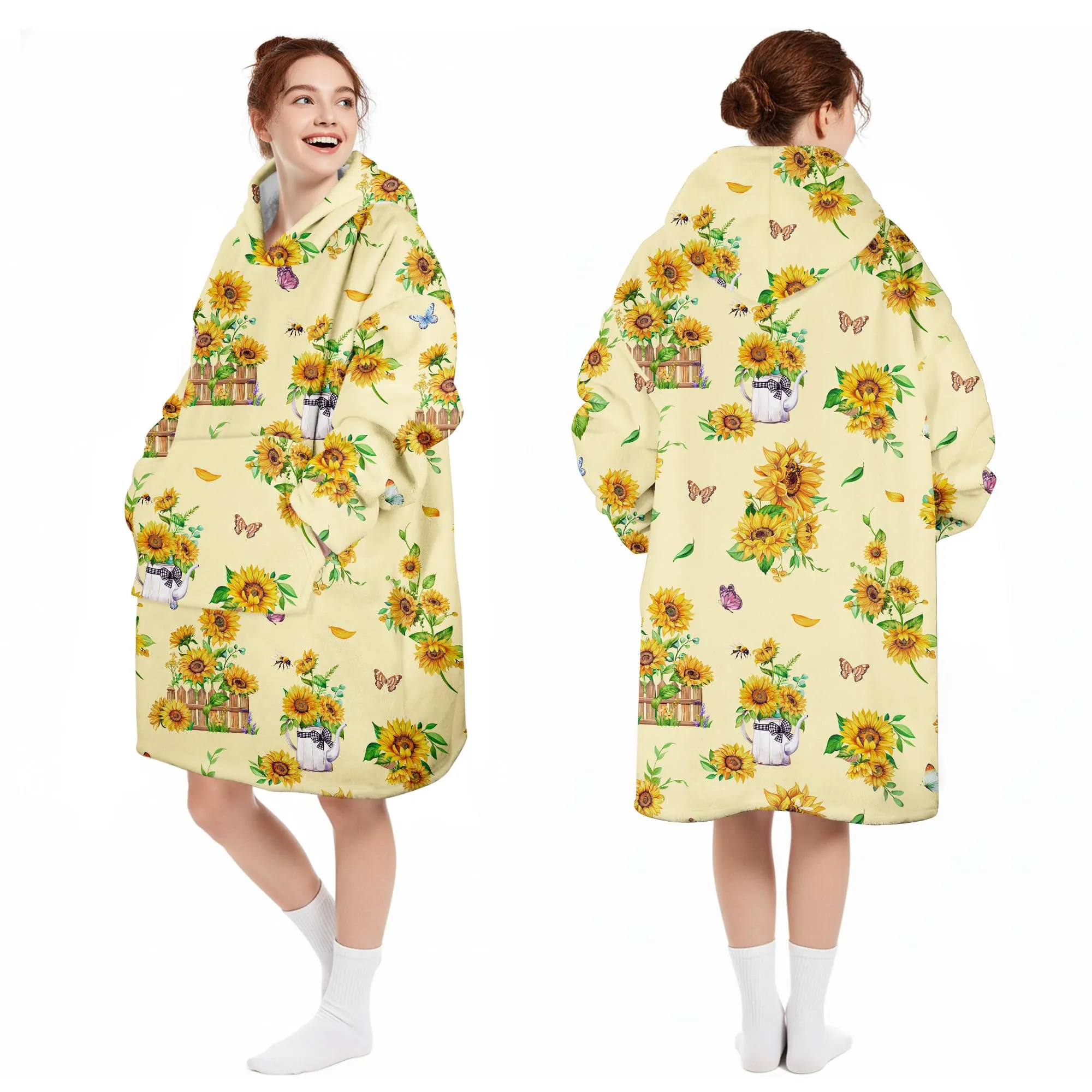 Queenshin Felpa Coperta con Cappuccio Oversize Stampa Girasole per Donna - immagine 5