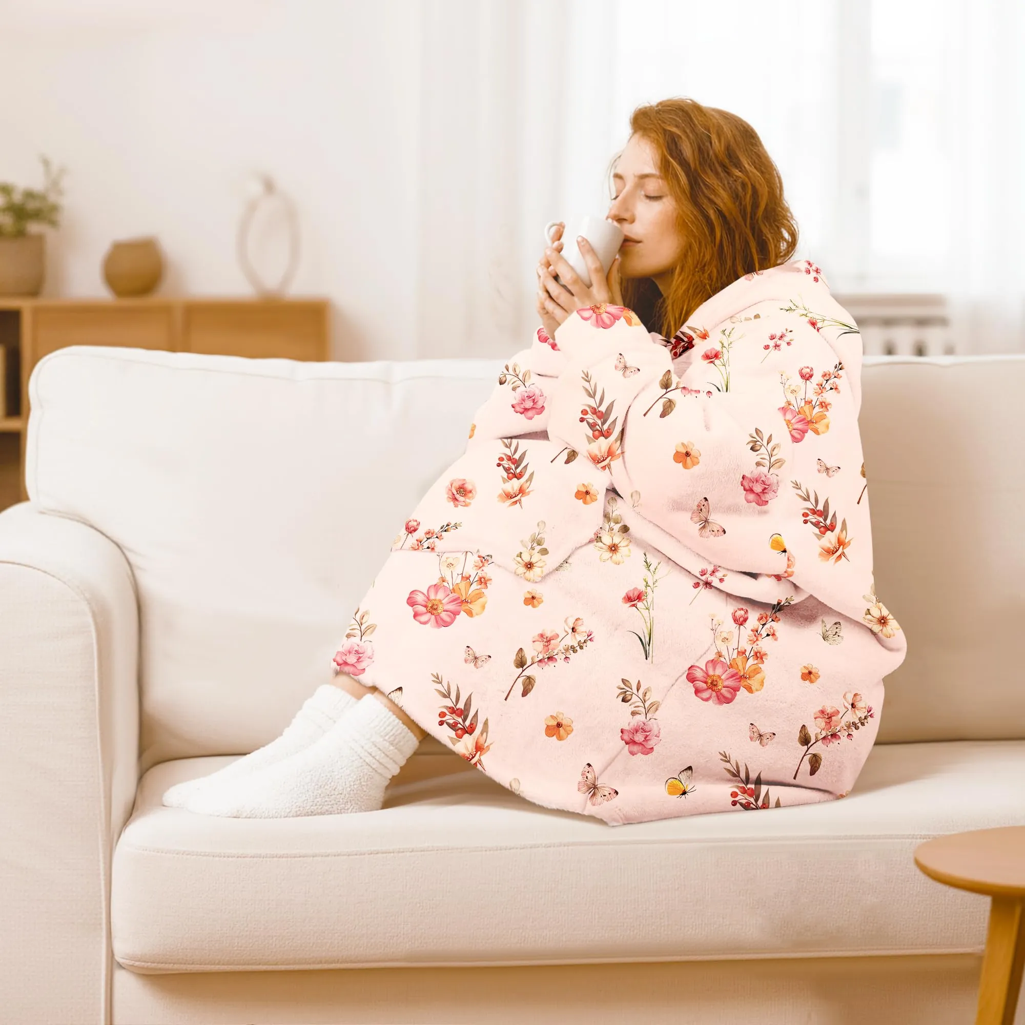 Queenshin Felpa Coperta con Cappuccio e Maniche Donna Oversize Fiore, Taglia Unica - immagine 2