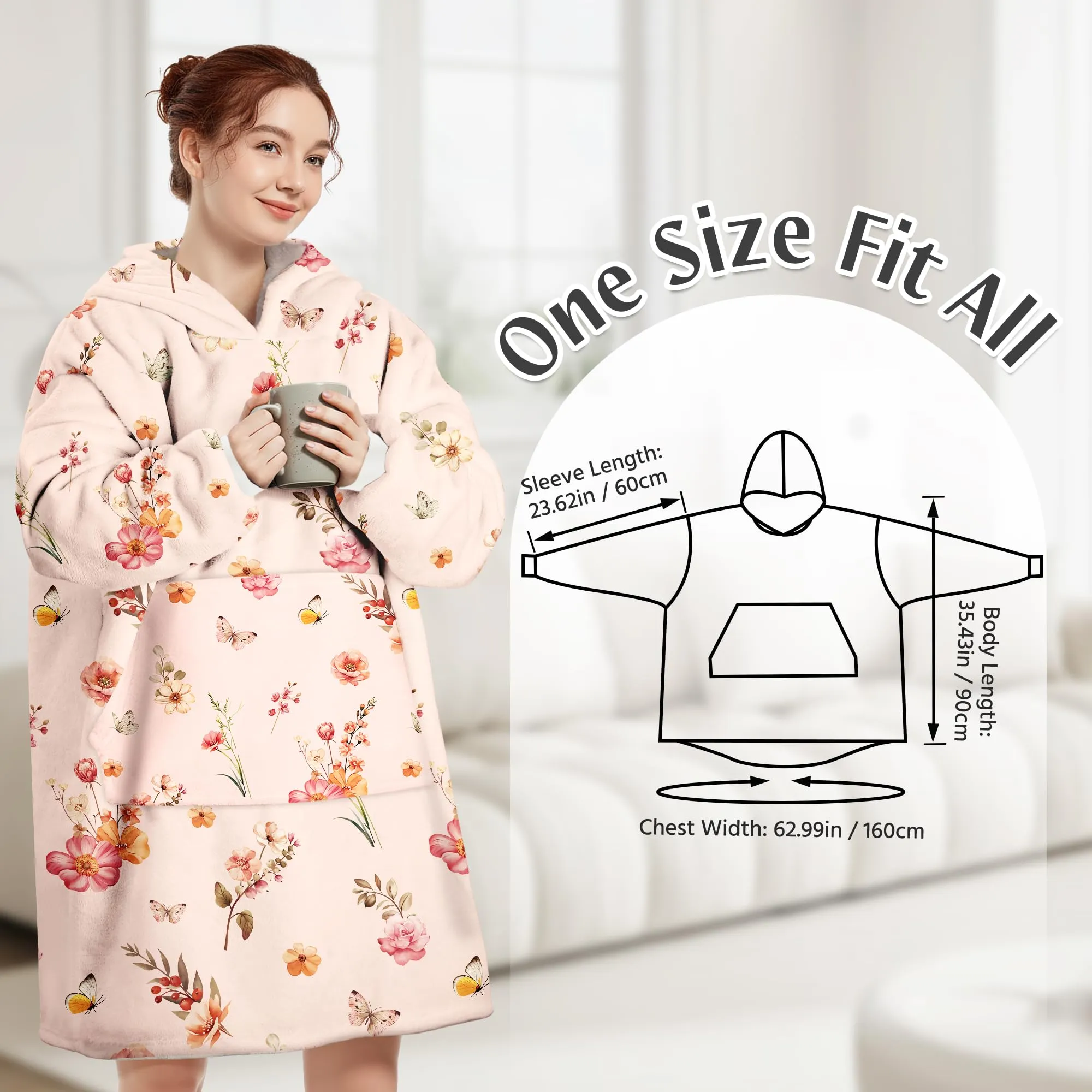 Queenshin Felpa Coperta con Cappuccio e Maniche Donna Oversize Fiore, Taglia Unica - immagine 3