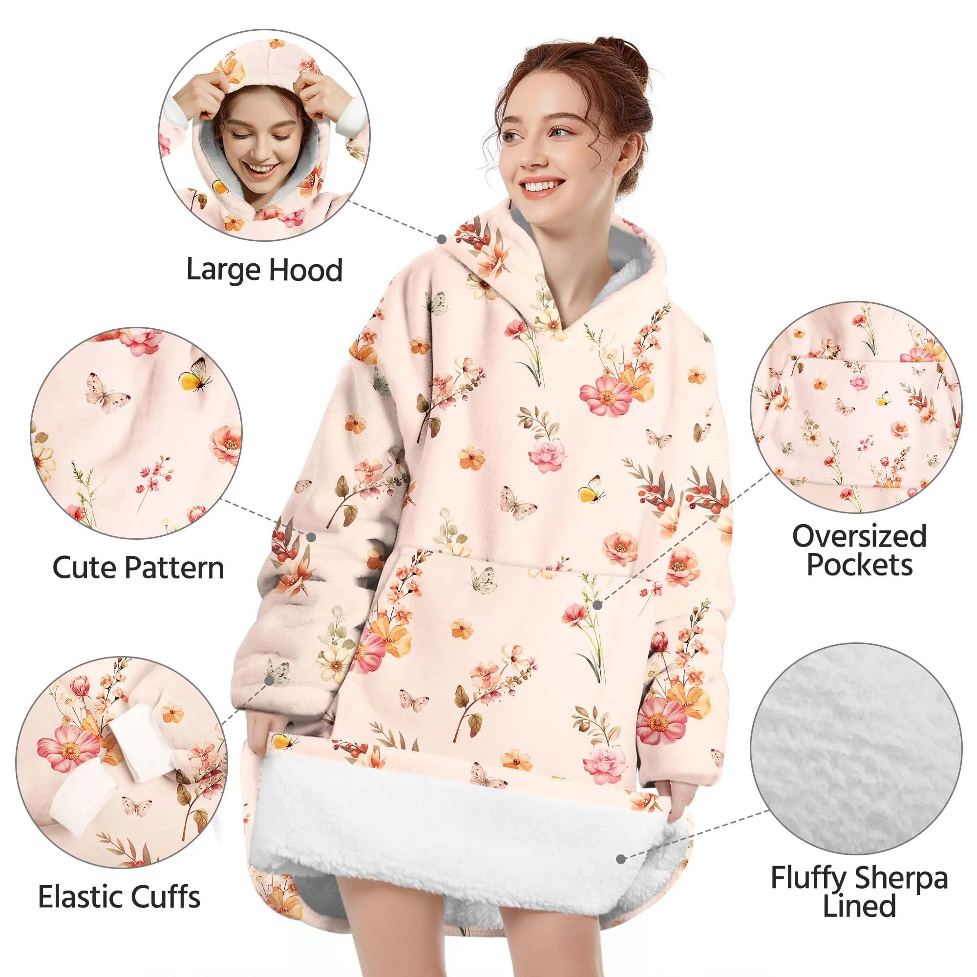 Queenshin Felpa Coperta con Cappuccio e Maniche Donna Oversize Fiore, Taglia Unica - immagine 4