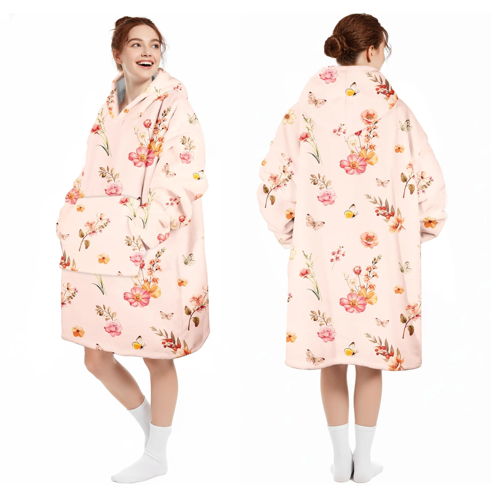 Queenshin Felpa Coperta con Cappuccio e Maniche Donna Oversize Fiore, Taglia Unica - immagine 5