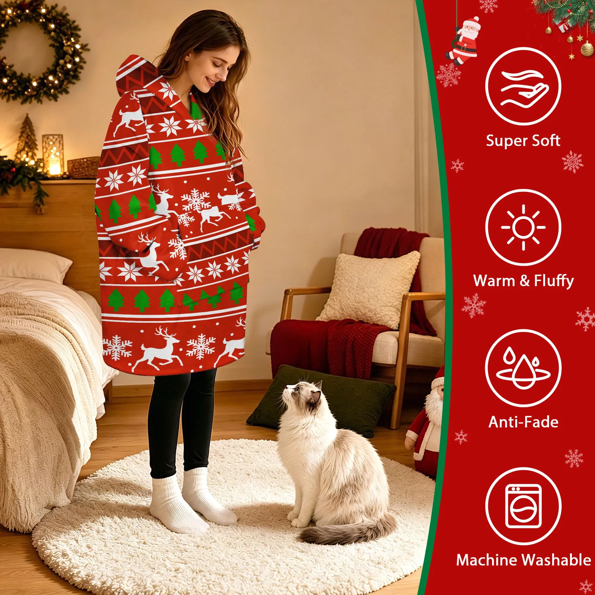 Queenshin Felpa Coperta con Cappuccio Oversize Renna Natale Unisex - immagine 2