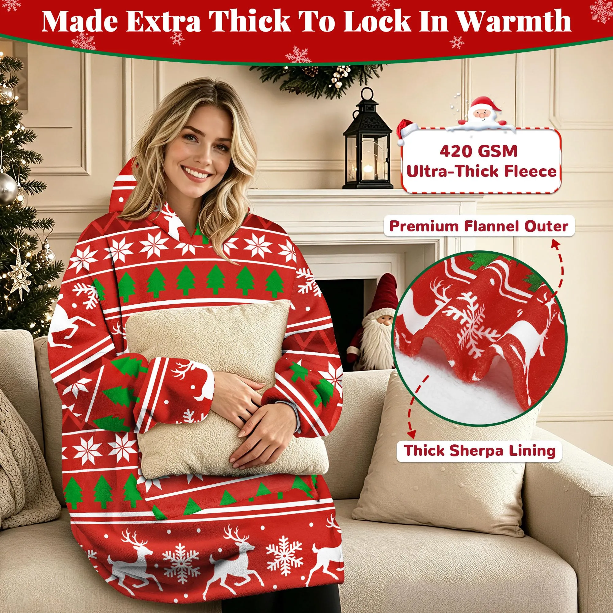 Queenshin Felpa Coperta con Cappuccio Oversize Renna Natale Unisex - immagine 3