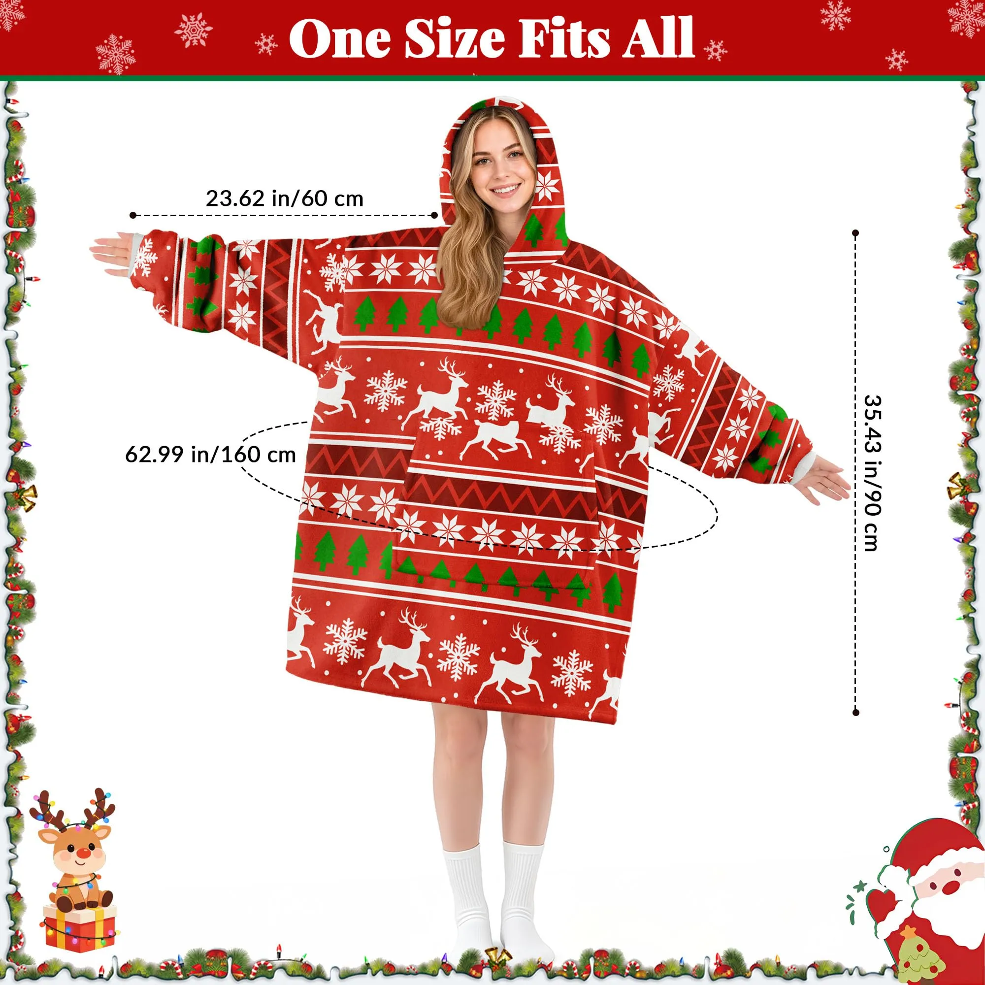 Queenshin Felpa Coperta con Cappuccio Oversize Renna Natale Unisex - immagine 4