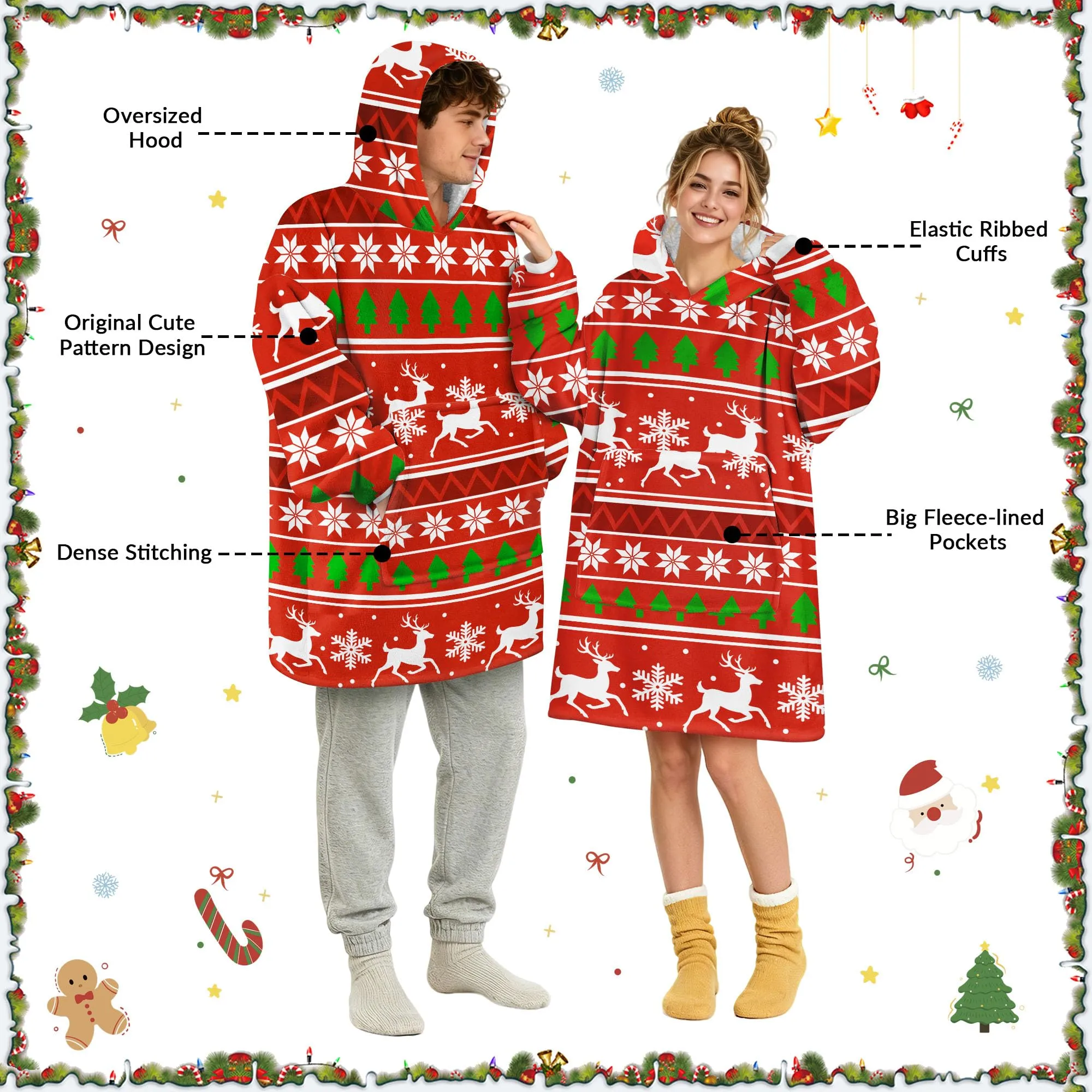 Queenshin Felpa Coperta con Cappuccio Oversize Renna Natale Unisex - immagine 5