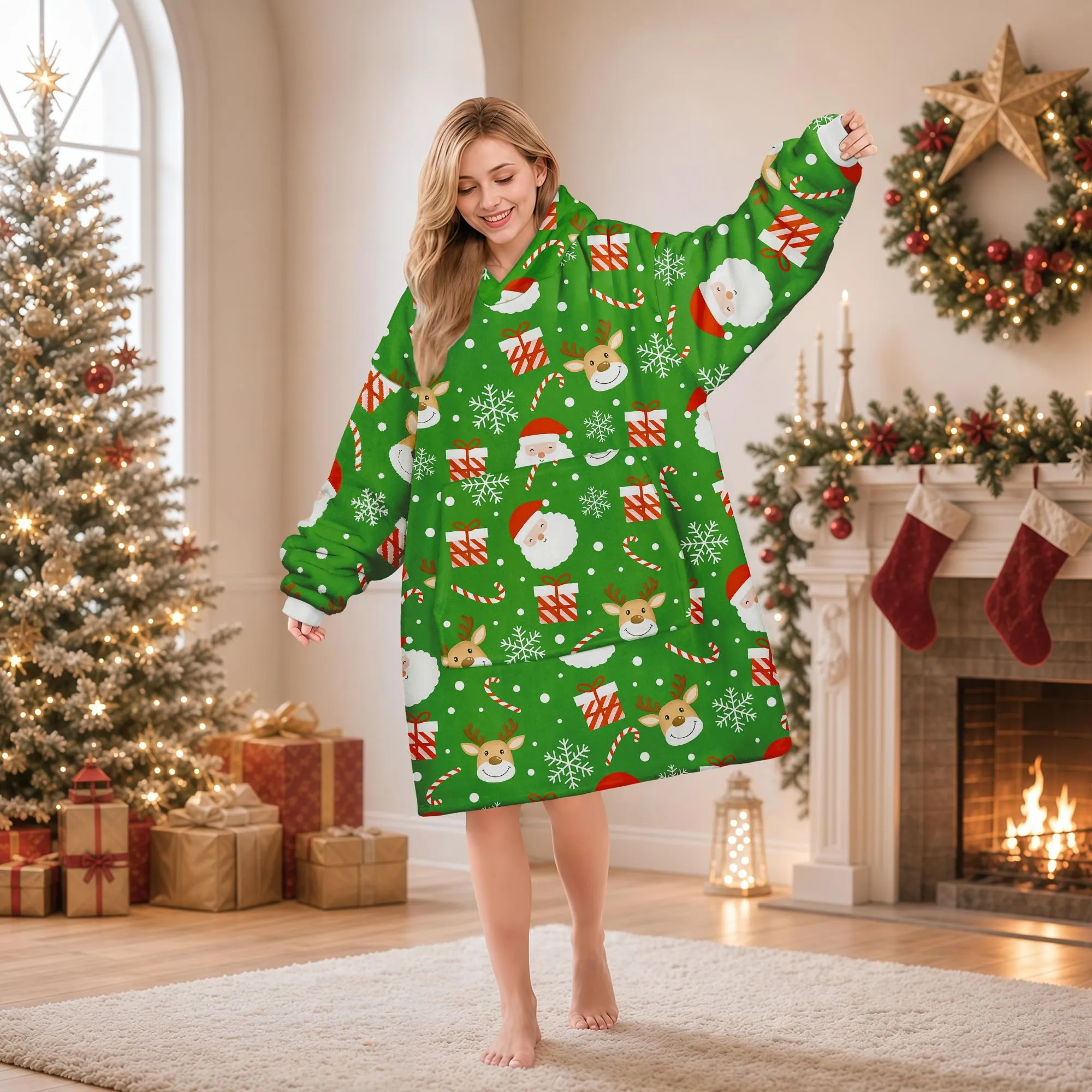 Queenshin Felpa Coperta con Cappuccio Oversize Babbo Natale per Donna e Uomo - immagine 2