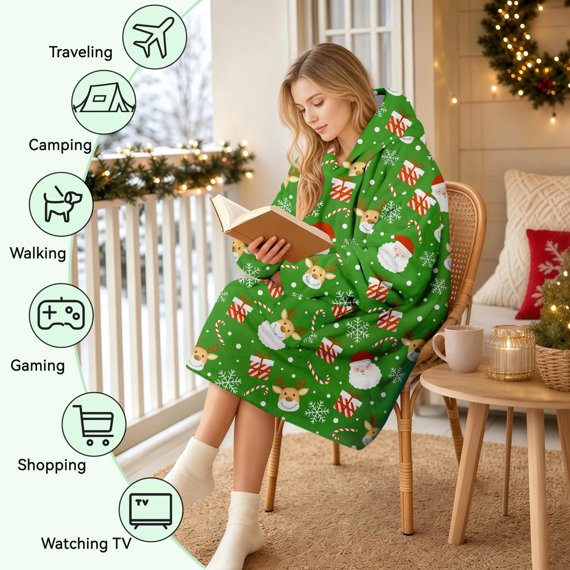 Queenshin Felpa Coperta con Cappuccio Oversize Babbo Natale per Donna e Uomo - immagine 6