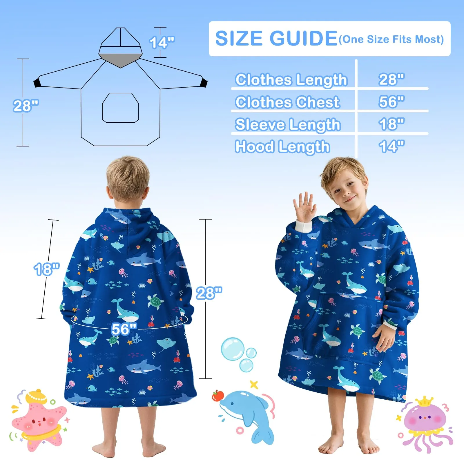 Queenshin Felpa Coperta con Cappuccio Oversize Bambini Animali Marini Blu QS-MT0029 - immagine 2