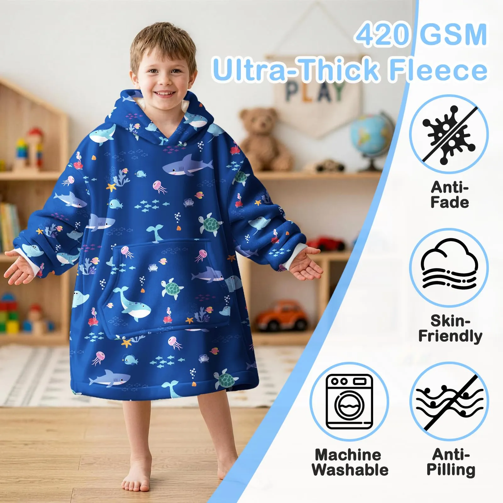 Queenshin Felpa Coperta con Cappuccio Oversize Bambini Animali Marini Blu QS-MT0029 - immagine 3