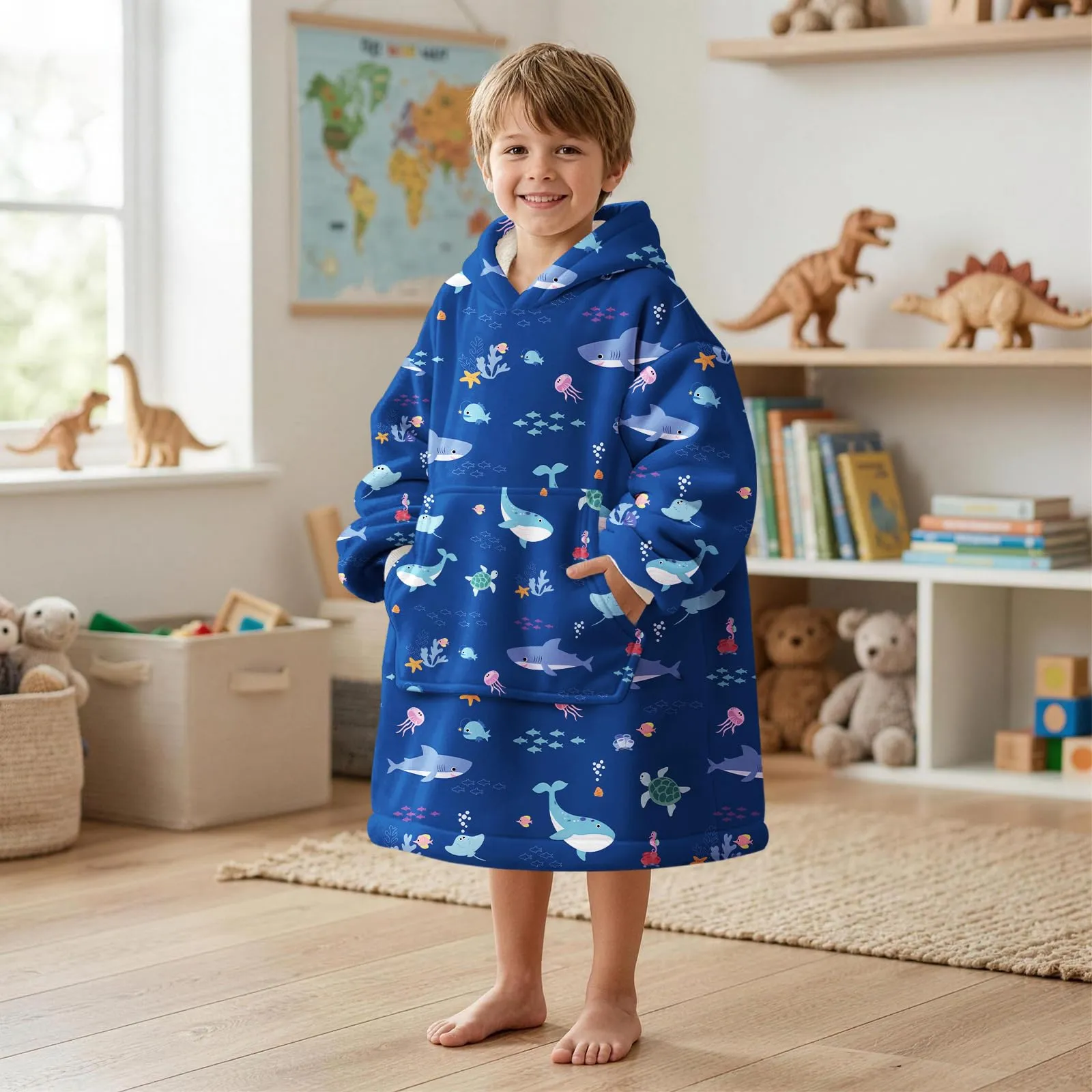 Queenshin Felpa Coperta con Cappuccio Oversize Bambini Animali Marini Blu QS-MT0029 - immagine 4