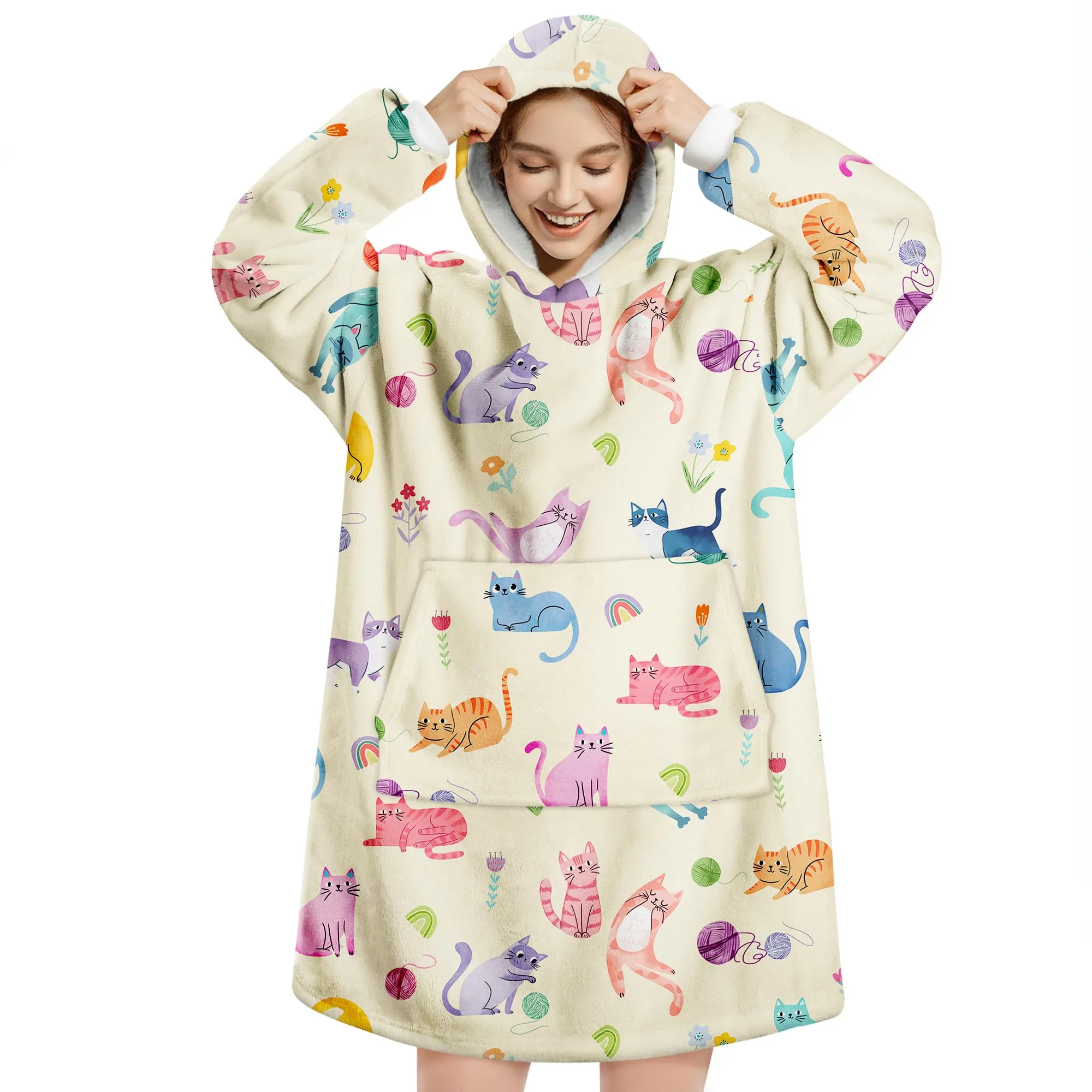 Queenshin Felpa Coperta con Cappuccio e Maniche Donna Gatto Colorato Oversize Hoodie - immagine 1