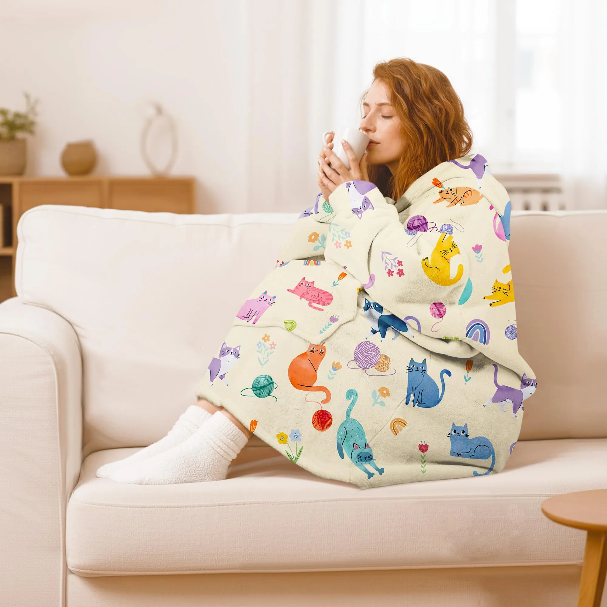Queenshin Felpa Coperta con Cappuccio e Maniche Donna Gatto Colorato Oversize Hoodie - immagine 2
