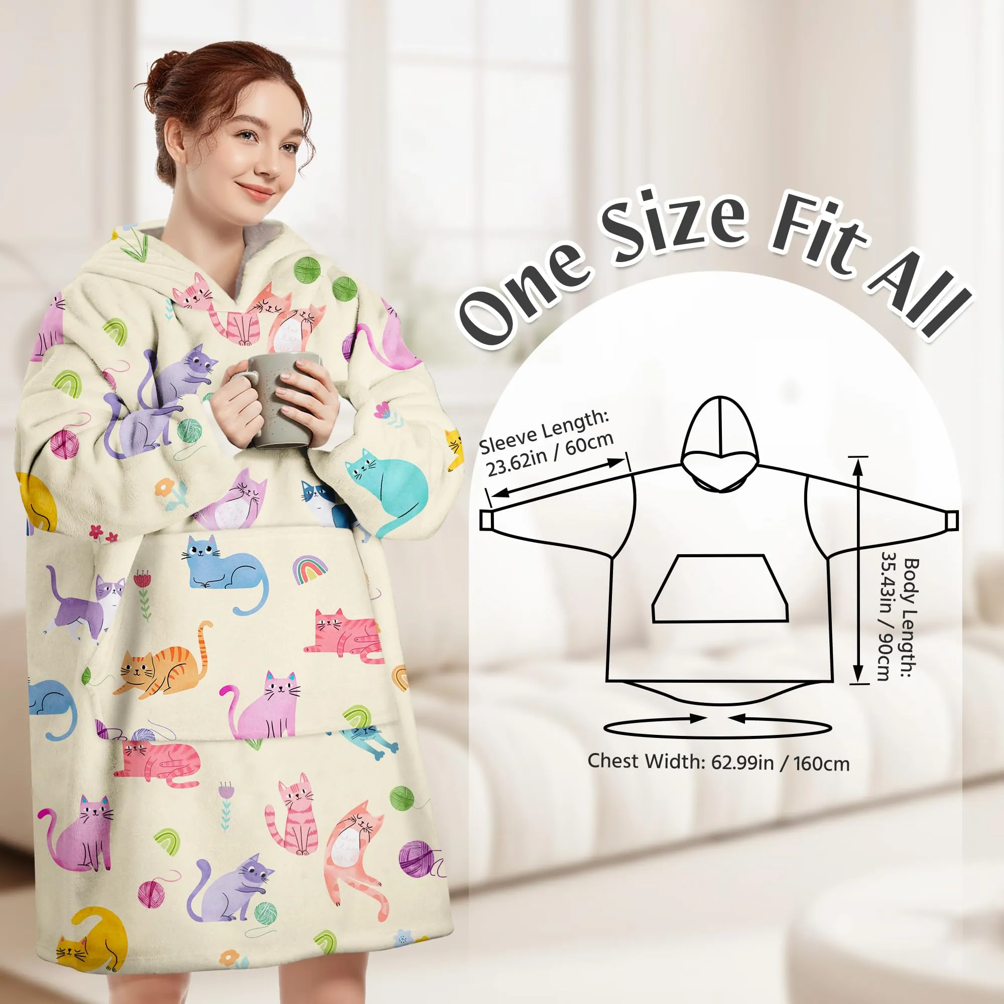 Queenshin Felpa Coperta con Cappuccio e Maniche Donna Gatto Colorato Oversize Hoodie - immagine 3