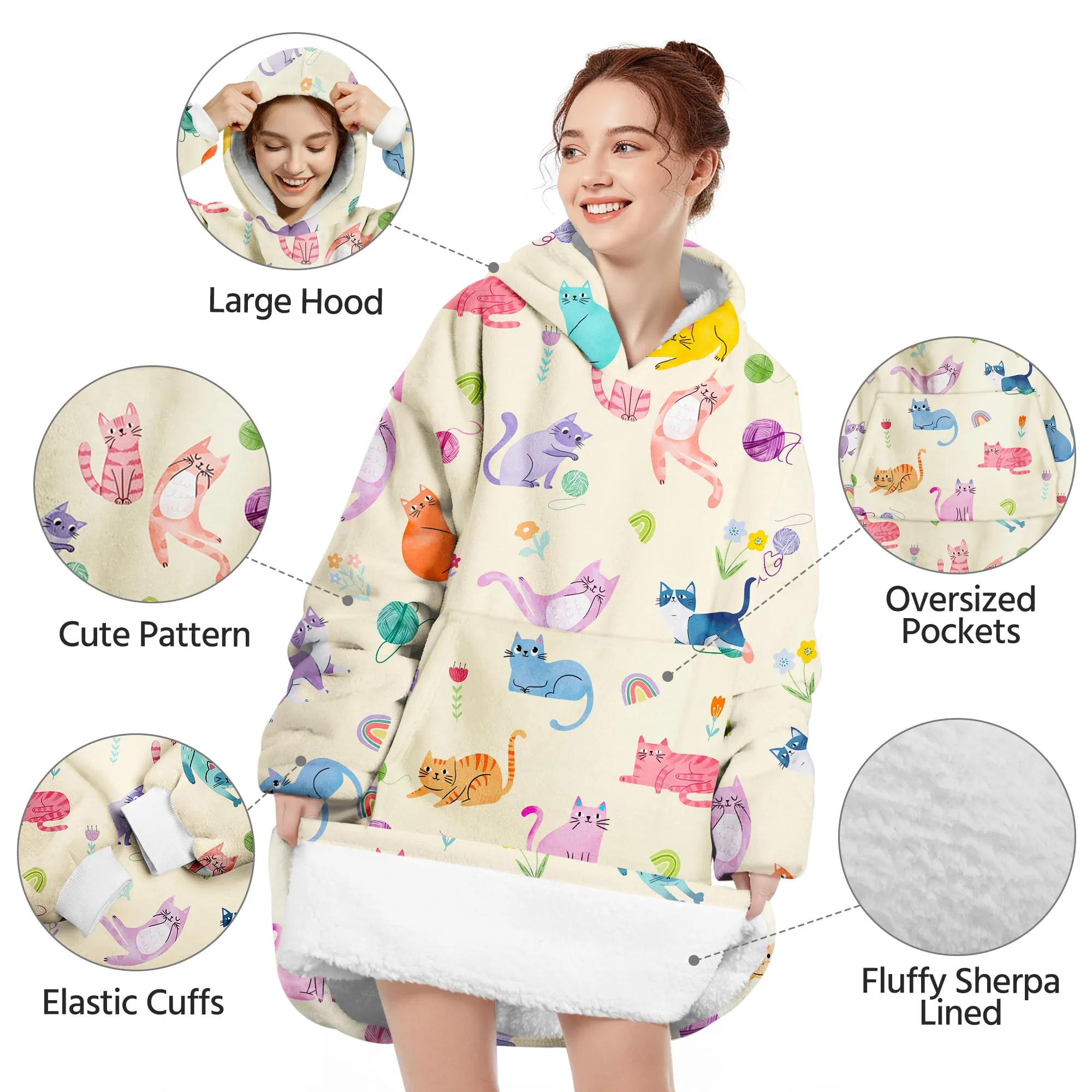 Queenshin Felpa Coperta con Cappuccio e Maniche Donna Gatto Colorato Oversize Hoodie - immagine 4