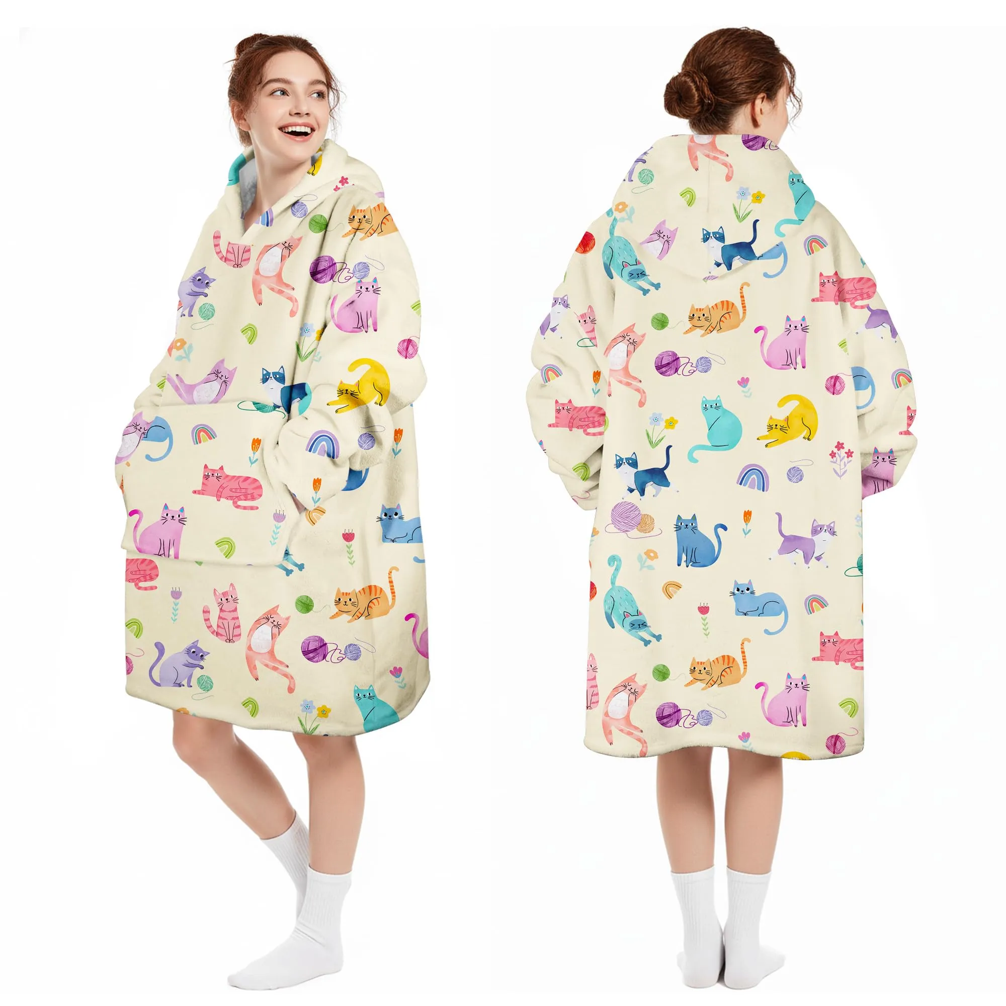 Queenshin Felpa Coperta con Cappuccio e Maniche Donna Gatto Colorato Oversize Hoodie - immagine 5