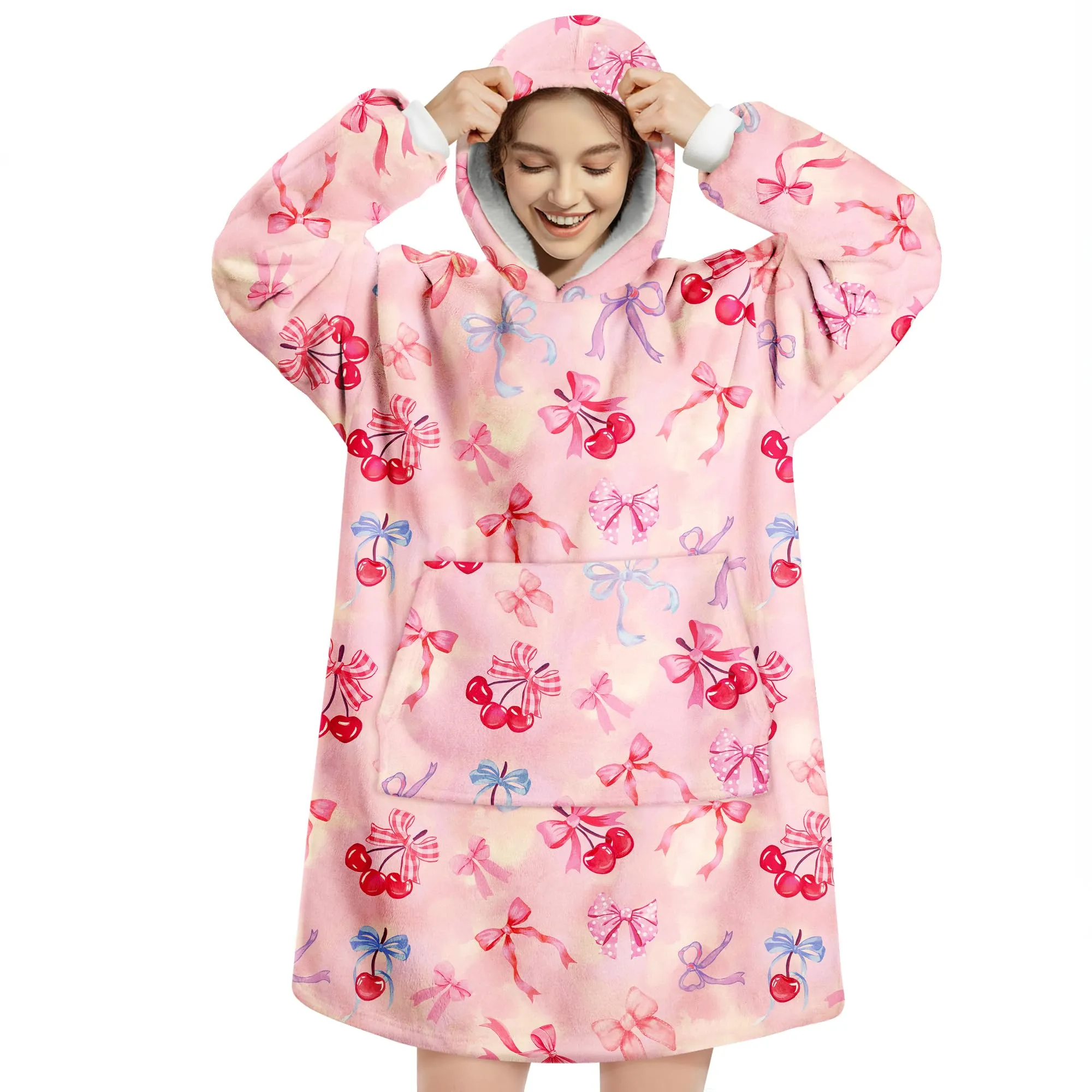 Queenshin Felpa Coperta con Cappuccio e Maniche Donna Oversize con Stampa Ciliegie e Fiocchi, Taglia Unica - immagine 1