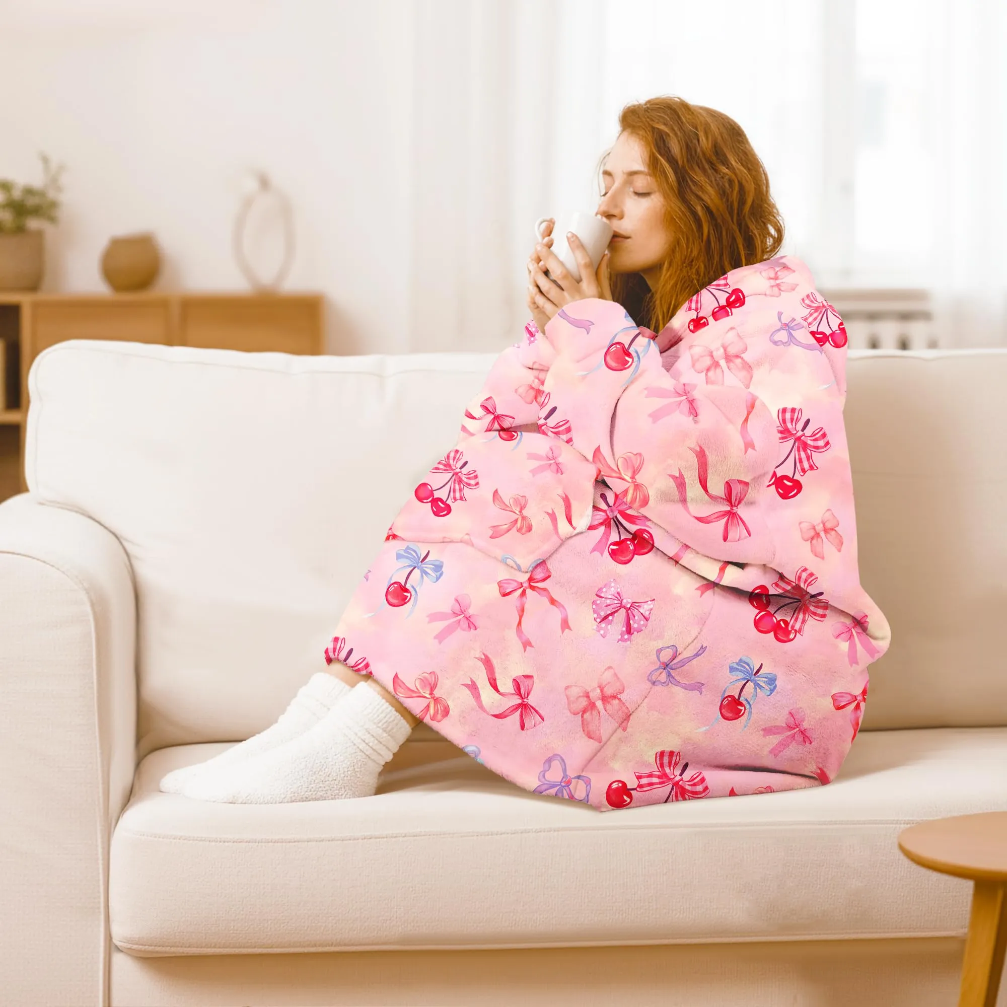 Queenshin Felpa Coperta con Cappuccio e Maniche Donna Oversize con Stampa Ciliegie e Fiocchi, Taglia Unica - immagine 2