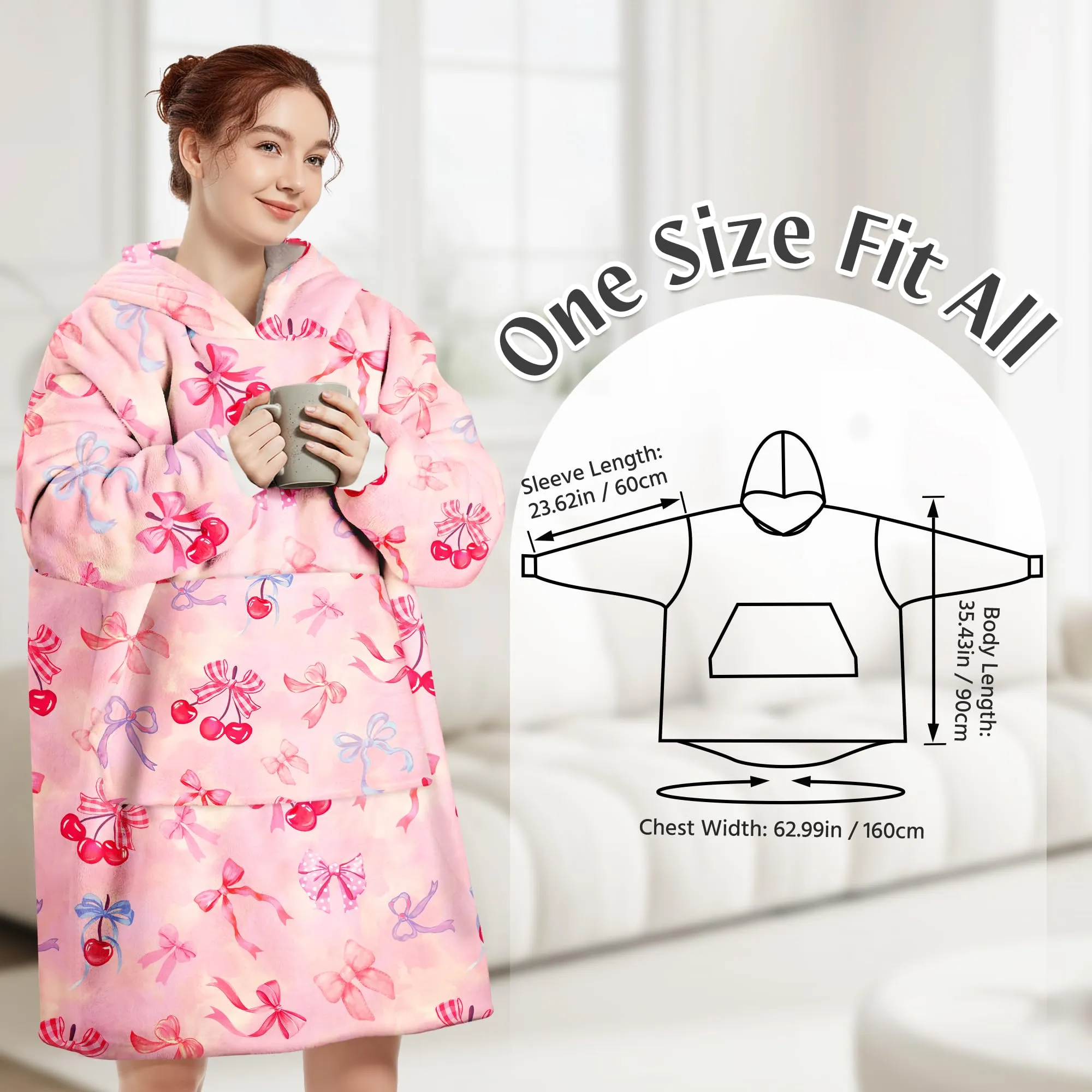 Queenshin Felpa Coperta con Cappuccio e Maniche Donna Oversize con Stampa Ciliegie e Fiocchi, Taglia Unica - immagine 3