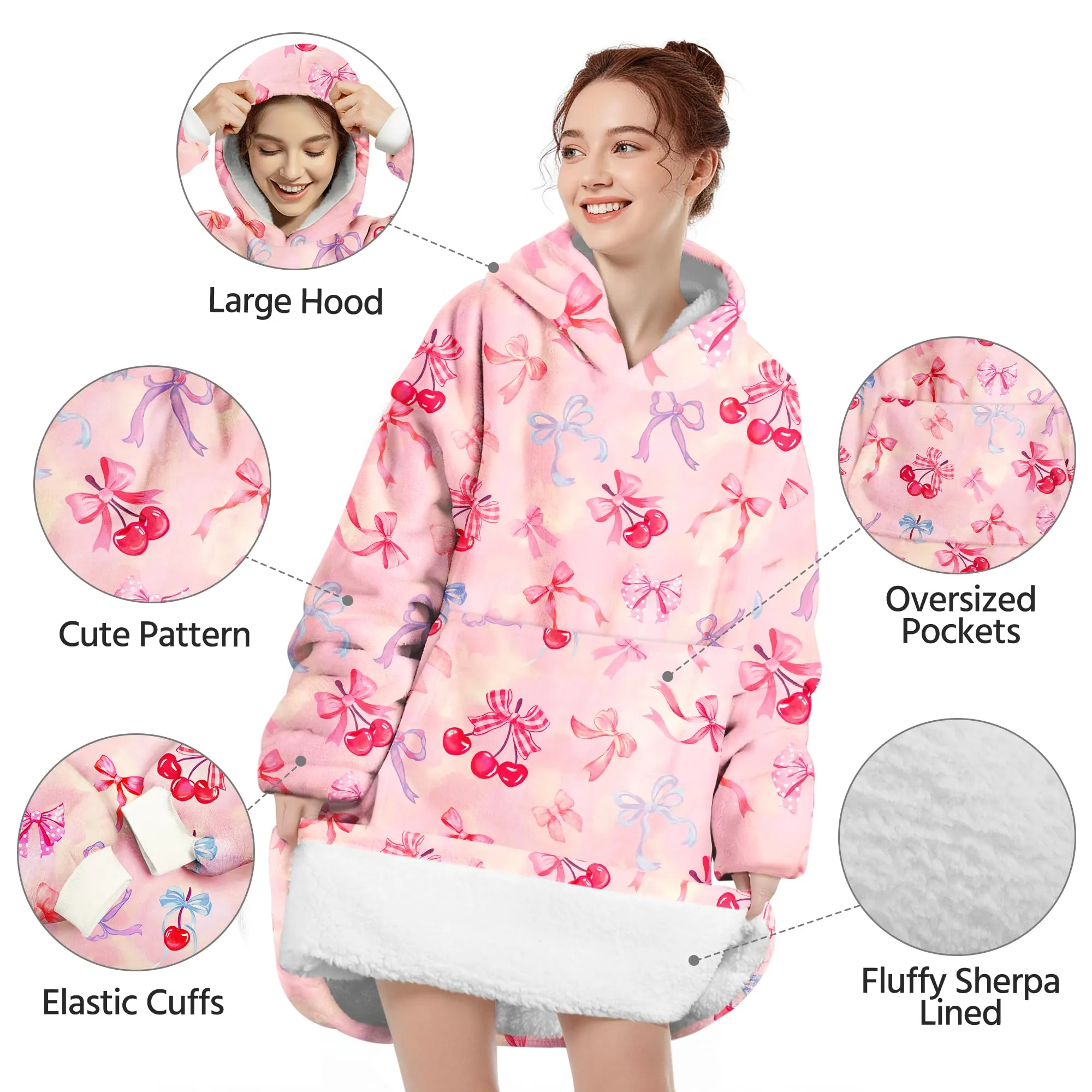Queenshin Felpa Coperta con Cappuccio e Maniche Donna Oversize con Stampa Ciliegie e Fiocchi, Taglia Unica - immagine 4